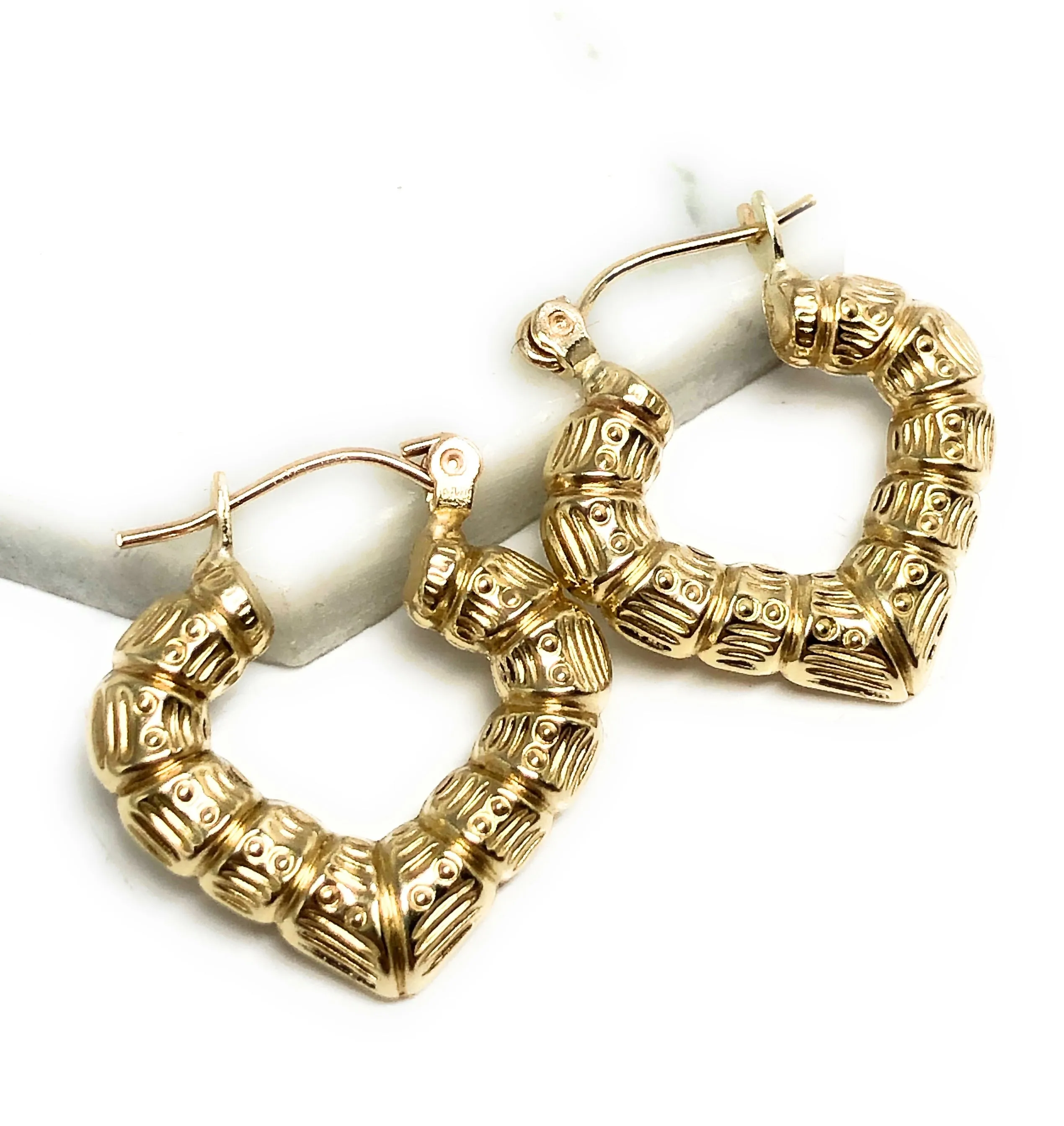 10k Solid Gold Yellow Bamboo Heart Hoop Earrings 0.5 INCH Arracadas