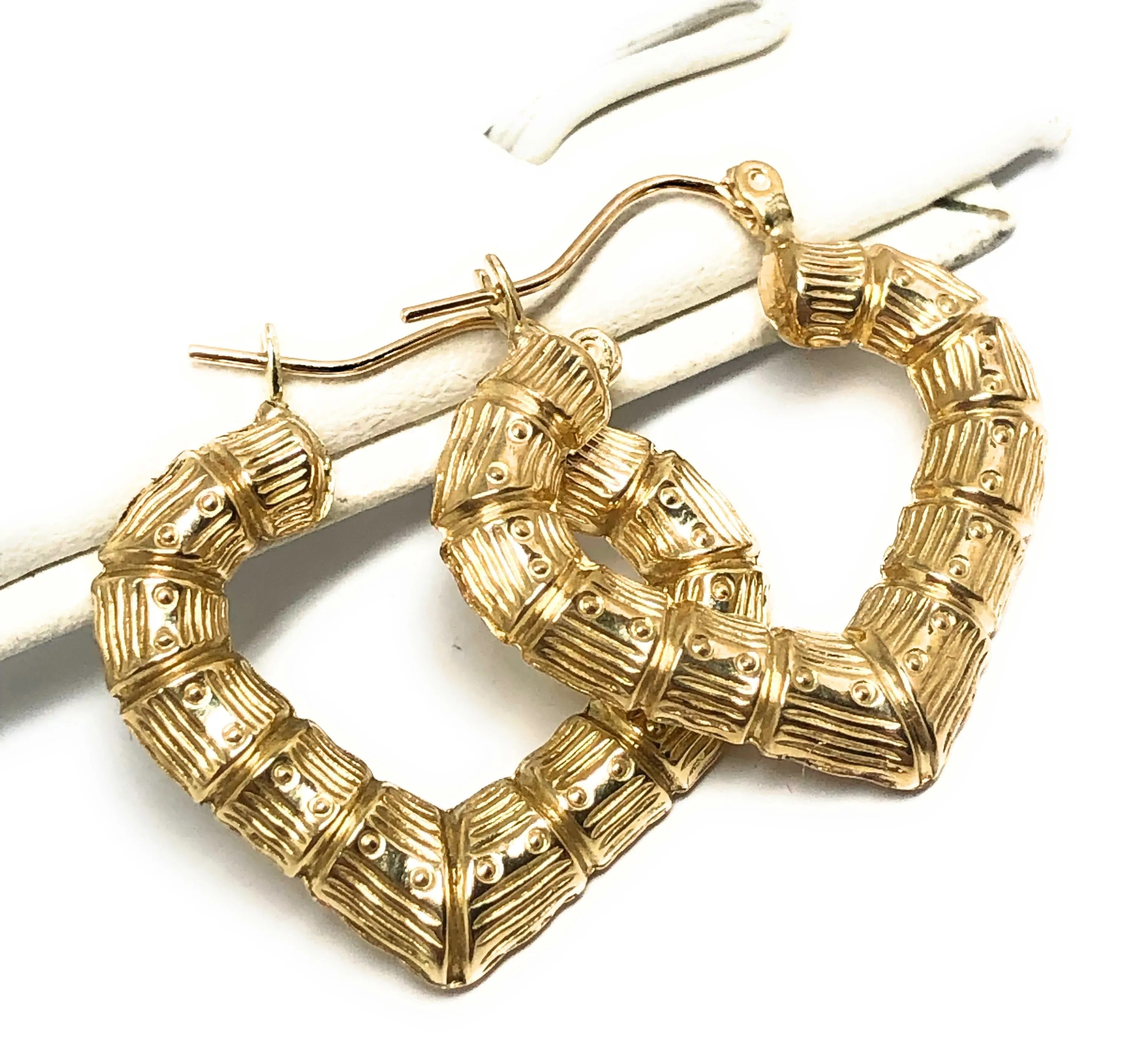 10k Solid Gold Yellow Bamboo Heart Hoop Earrings 1 INCH Arracadas