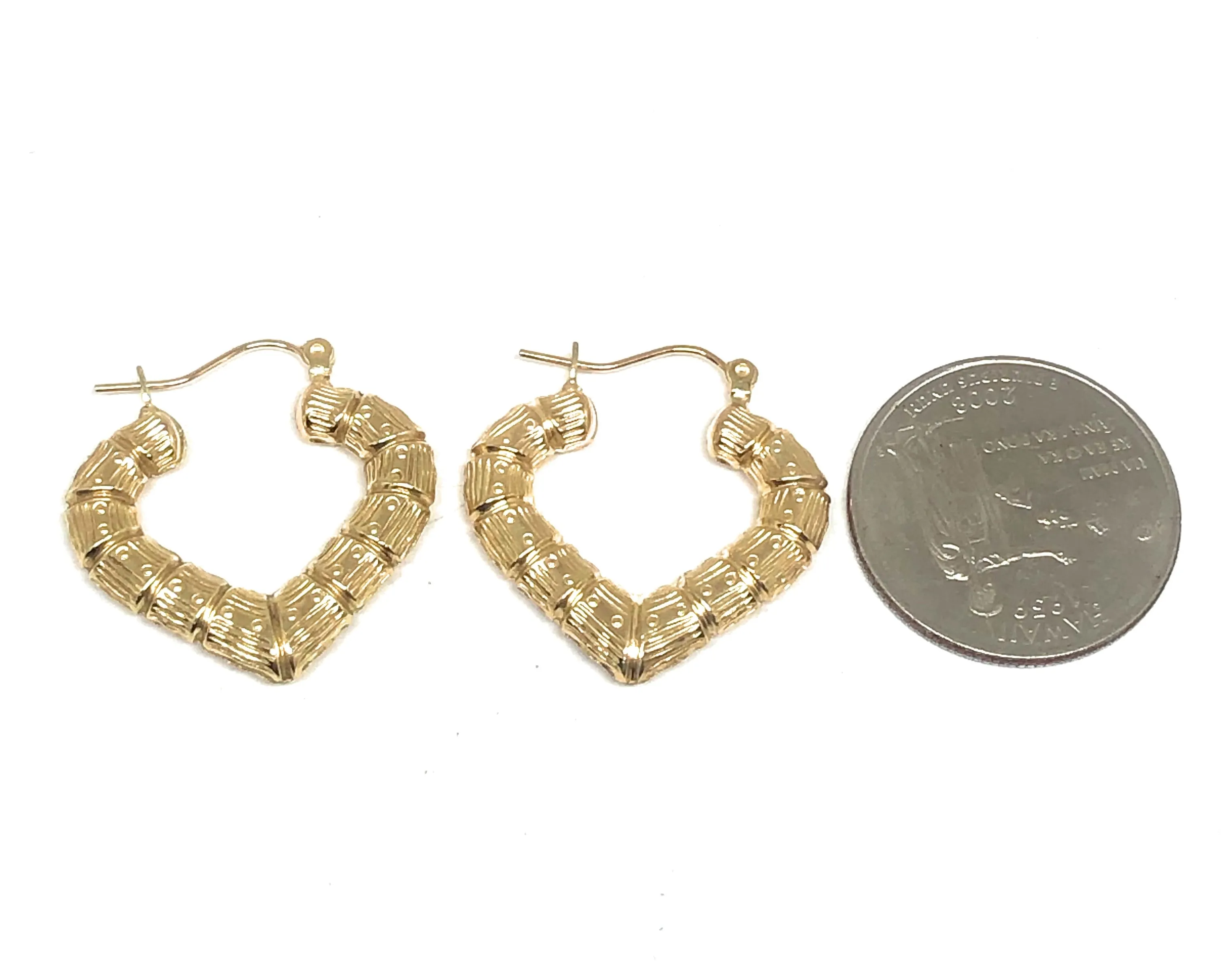 10k Solid Gold Yellow Bamboo Heart Hoop Earrings 1 INCH Arracadas