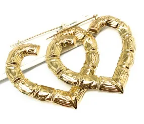 10k Solid Gold Yellow Bamboo Heart Hoop Earrings 1.5-2 INCH Arracadas