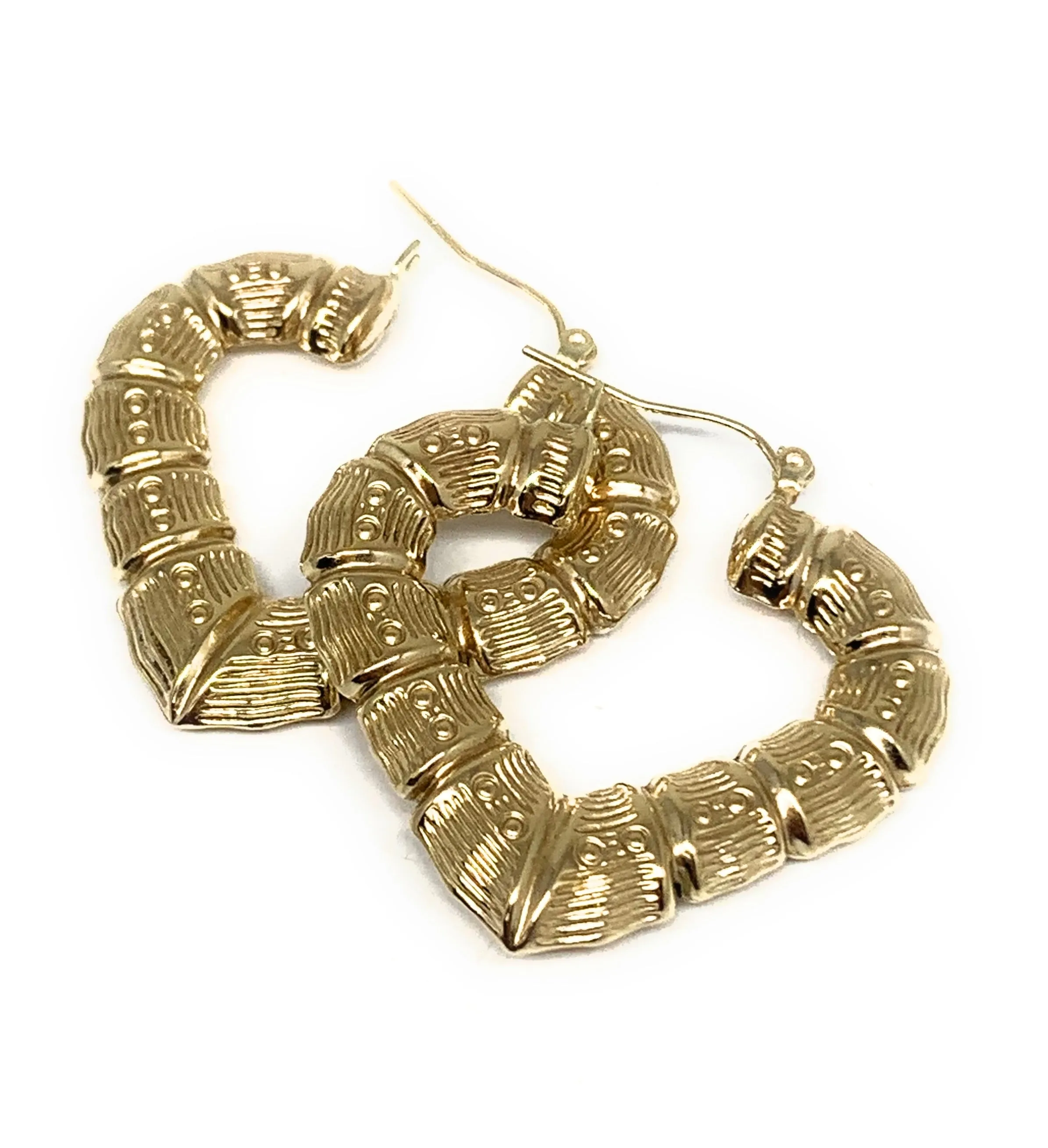 10k Solid Gold Yellow Bamboo Heart Hoop Earrings 1.5 INCH Arracadas