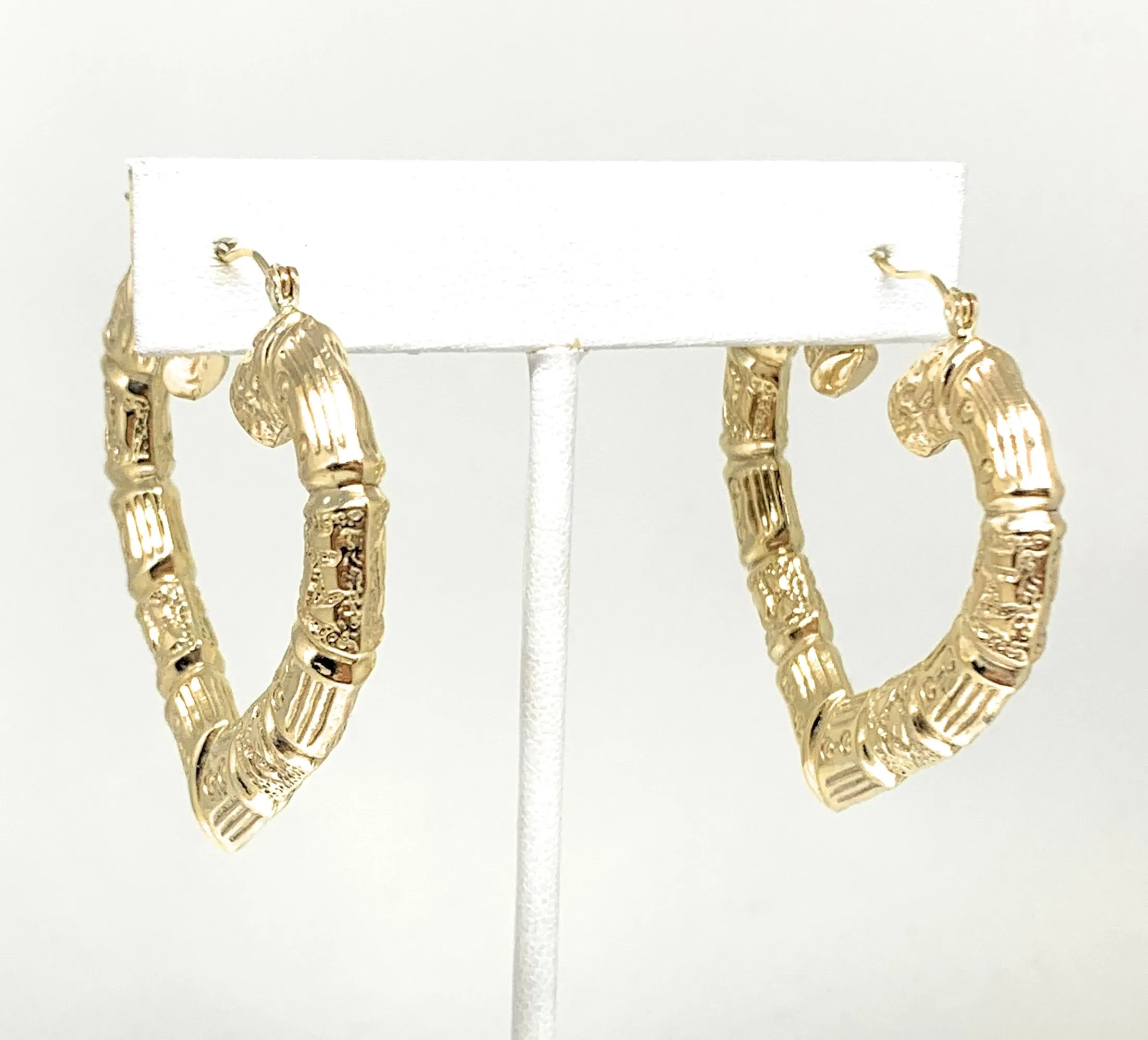 10k Solid Gold Yellow Bamboo Heart Hoop Earrings 2 INCH Arracadas