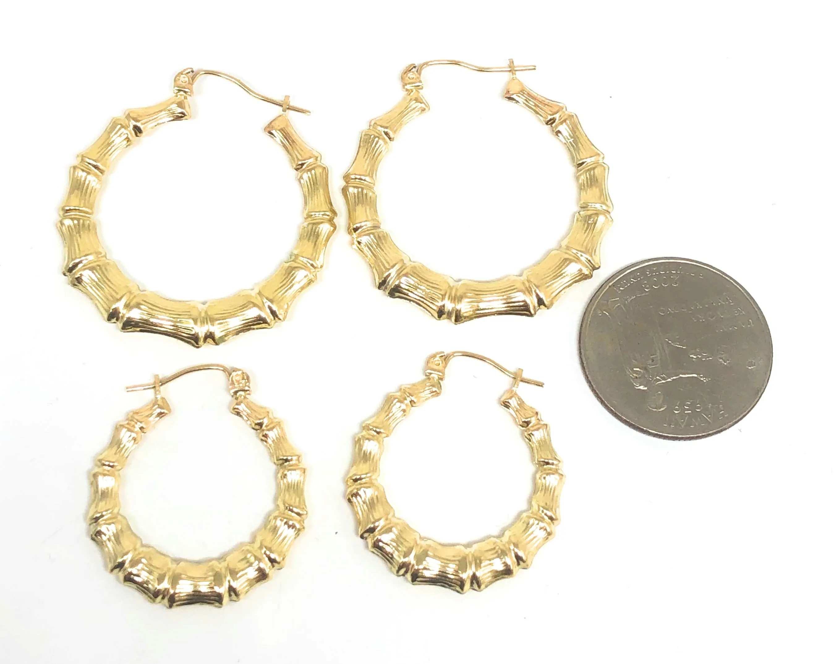 10k Solid Gold Yellow Bamboo Hoop Earrings 0.5-1.5 INCH Arracadas