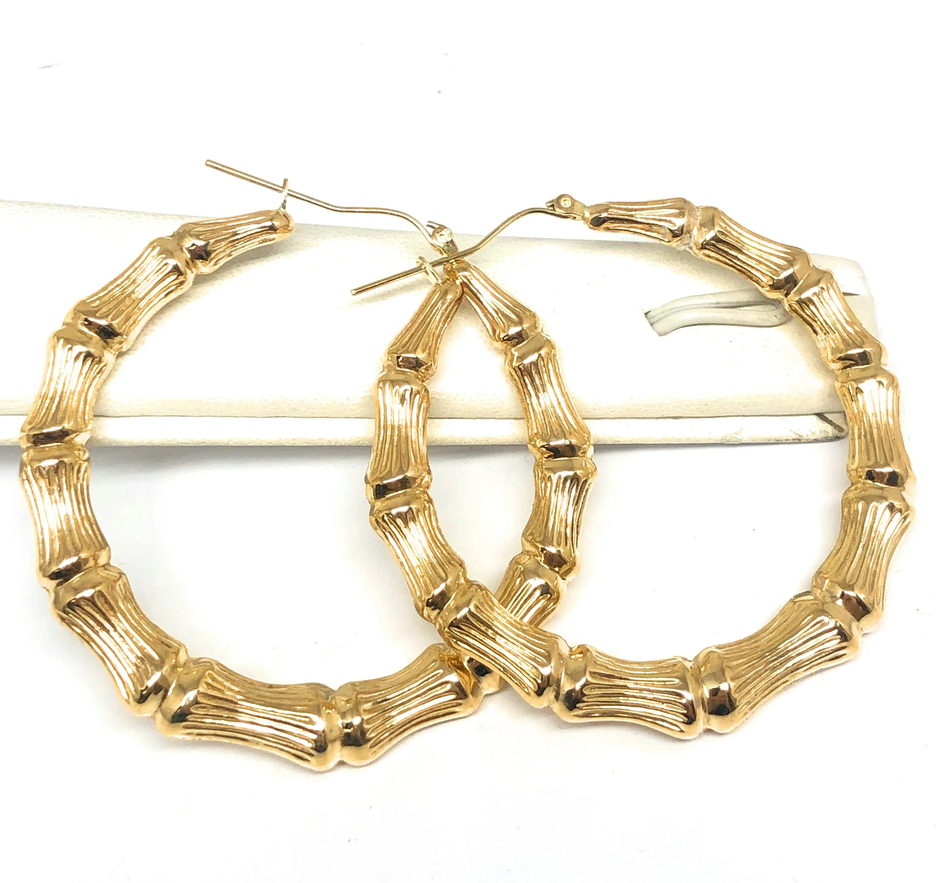 10k Solid Gold Yellow Bamboo Hoop Earrings 2 INCH Arracadas