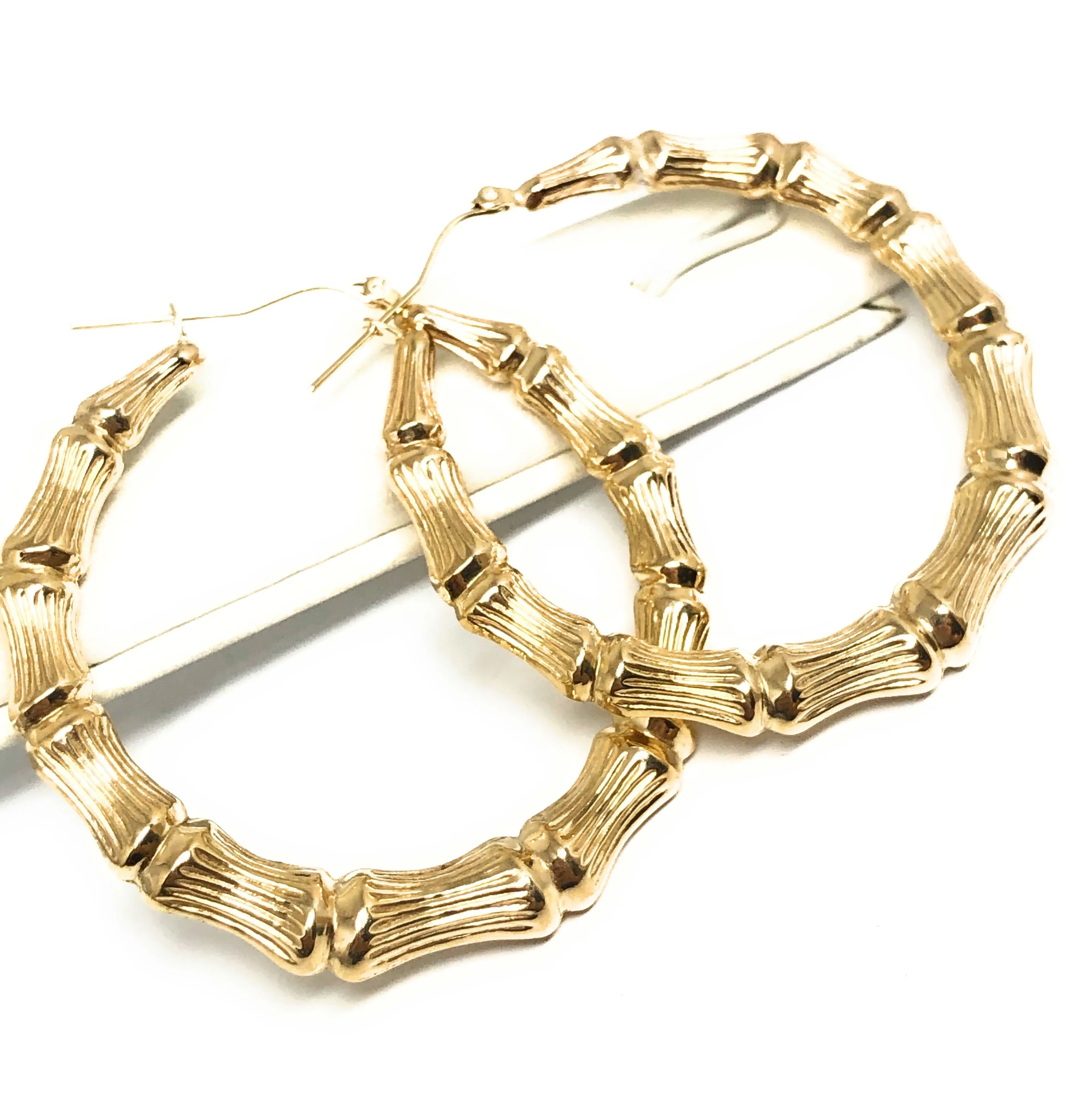 10k Solid Gold Yellow Bamboo Hoop Earrings 2 INCH Arracadas