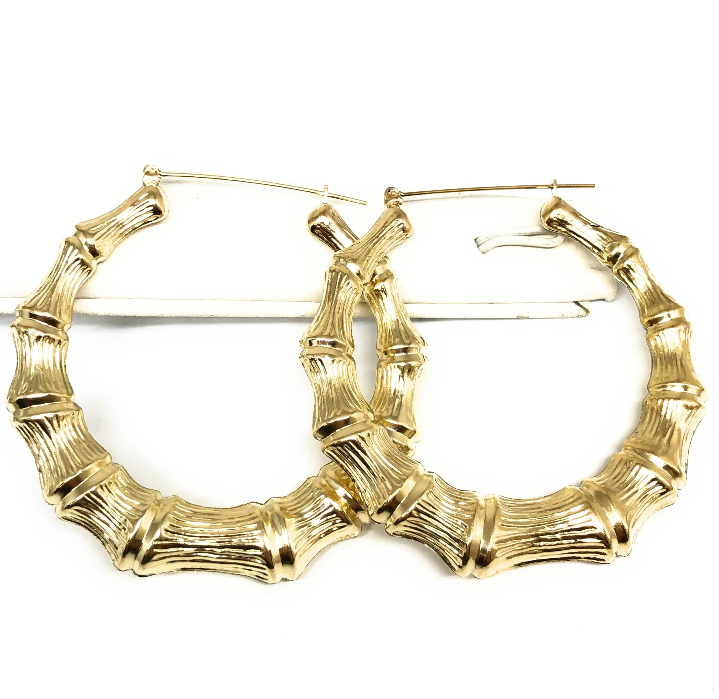 10k Solid Gold Yellow Bamboo Hoop Earrings 2.5 INCH Arracadas