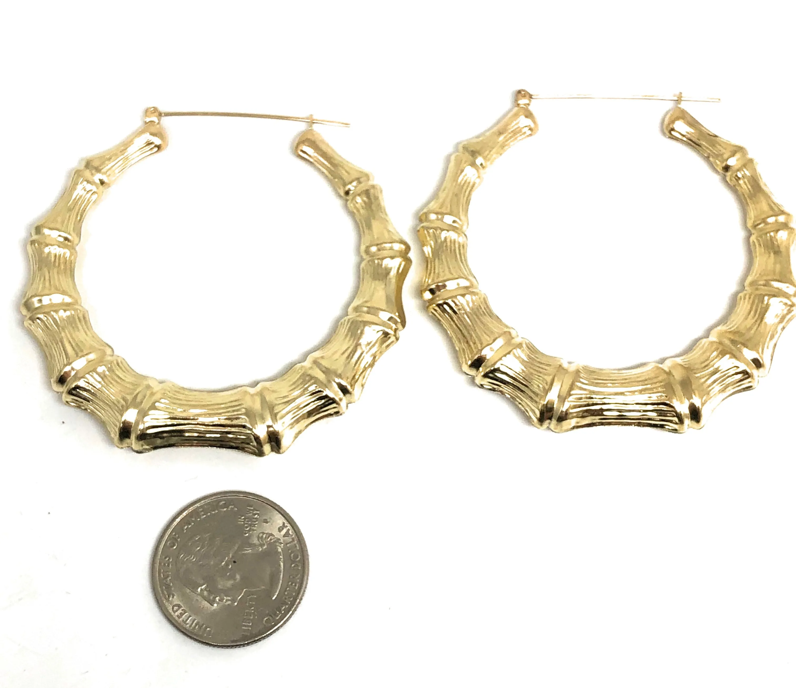 10k Solid Gold Yellow Bamboo Hoop Earrings 2.5 INCH Arracadas