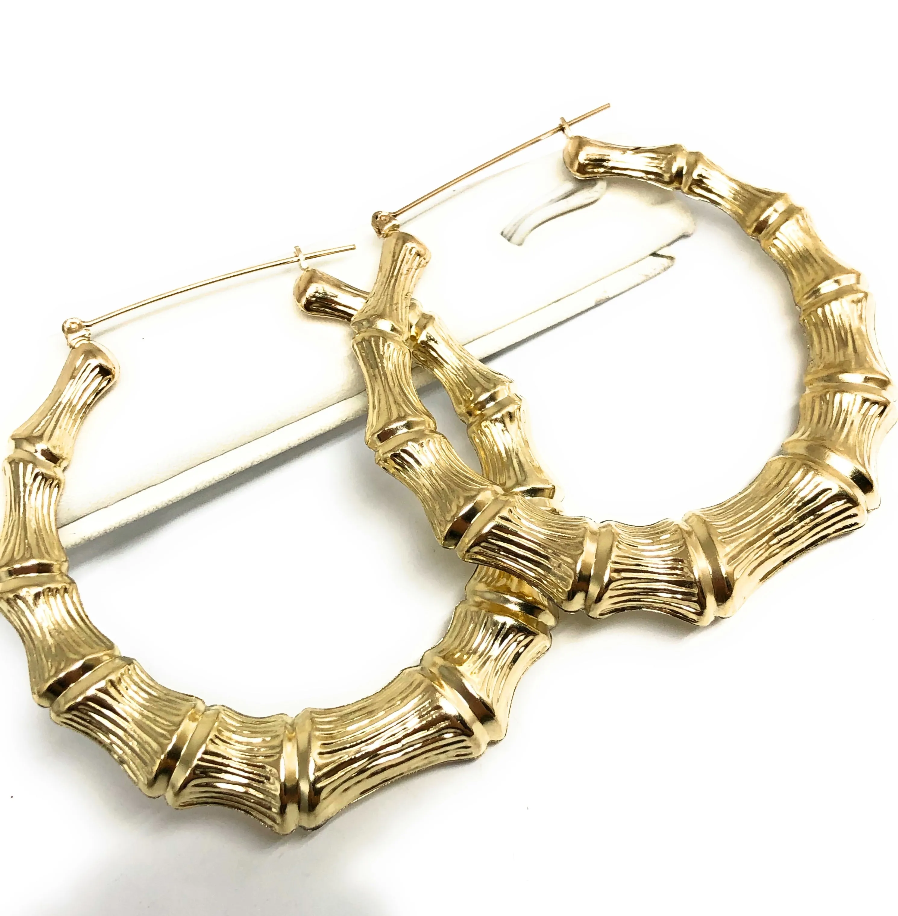 10k Solid Gold Yellow Bamboo Hoop Earrings 2.5 INCH Arracadas