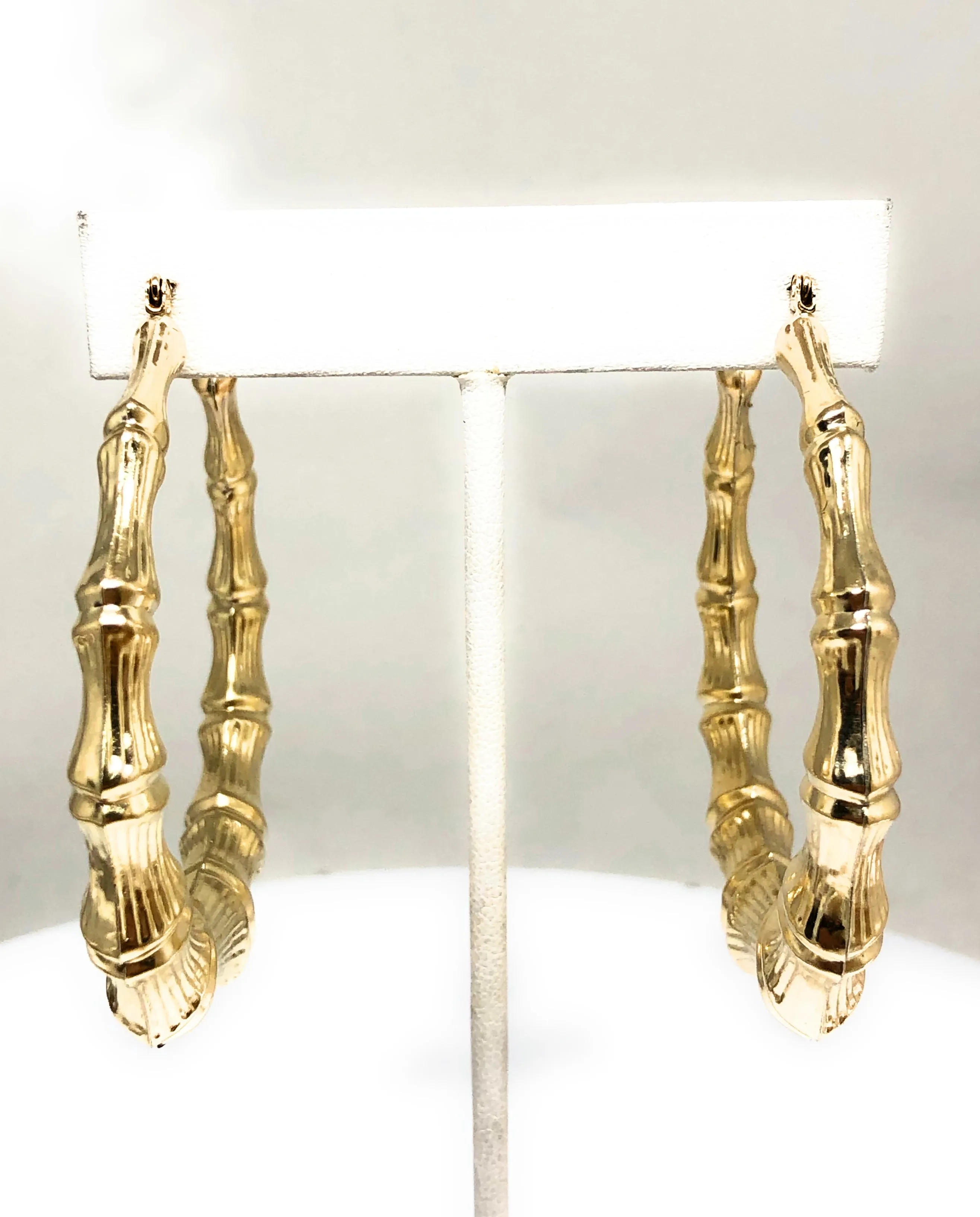 10k Solid Gold Yellow Bamboo Hoop Earrings 2.5 INCH Arracadas