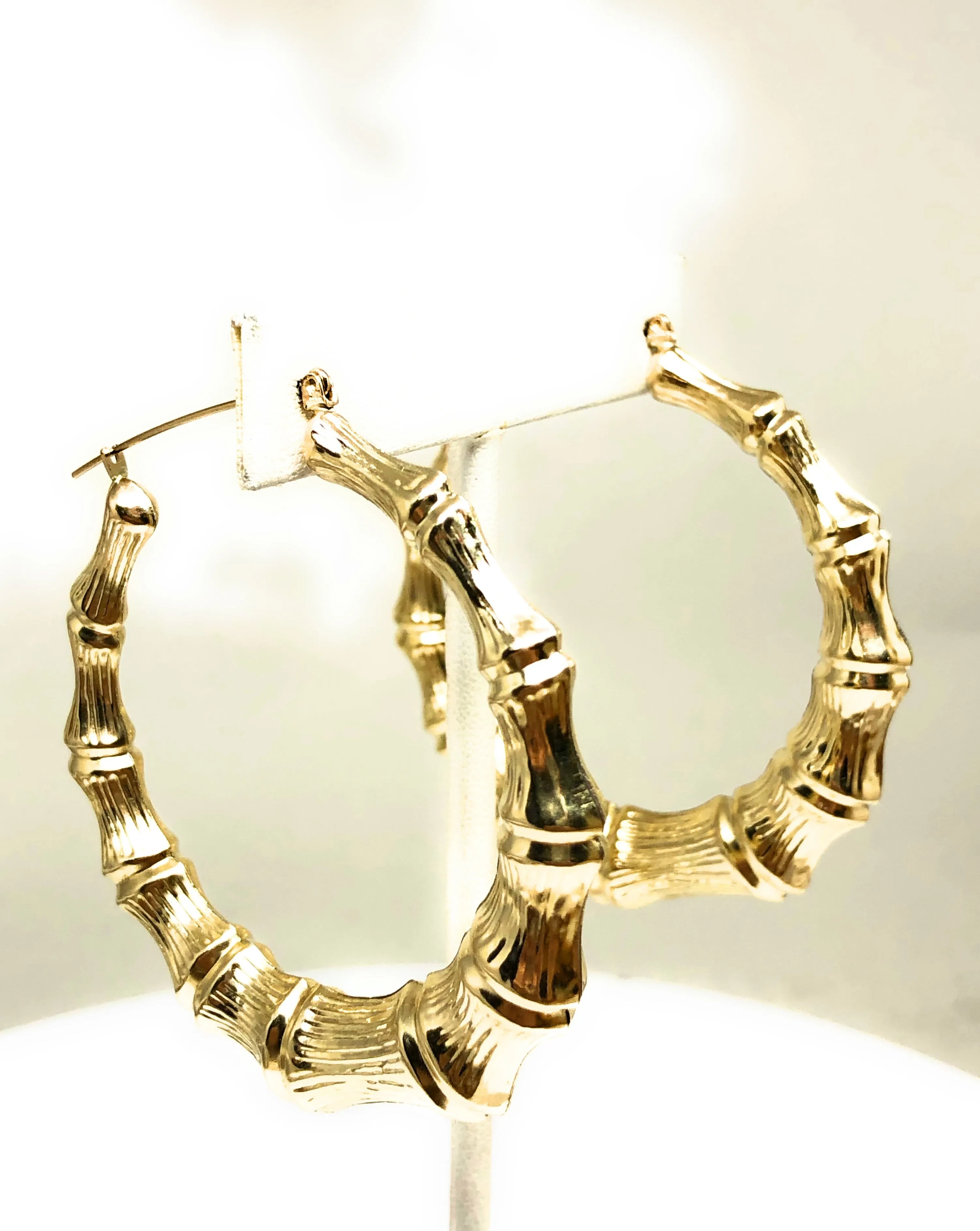 10k Solid Gold Yellow Bamboo Hoop Earrings 2.5 INCH Arracadas