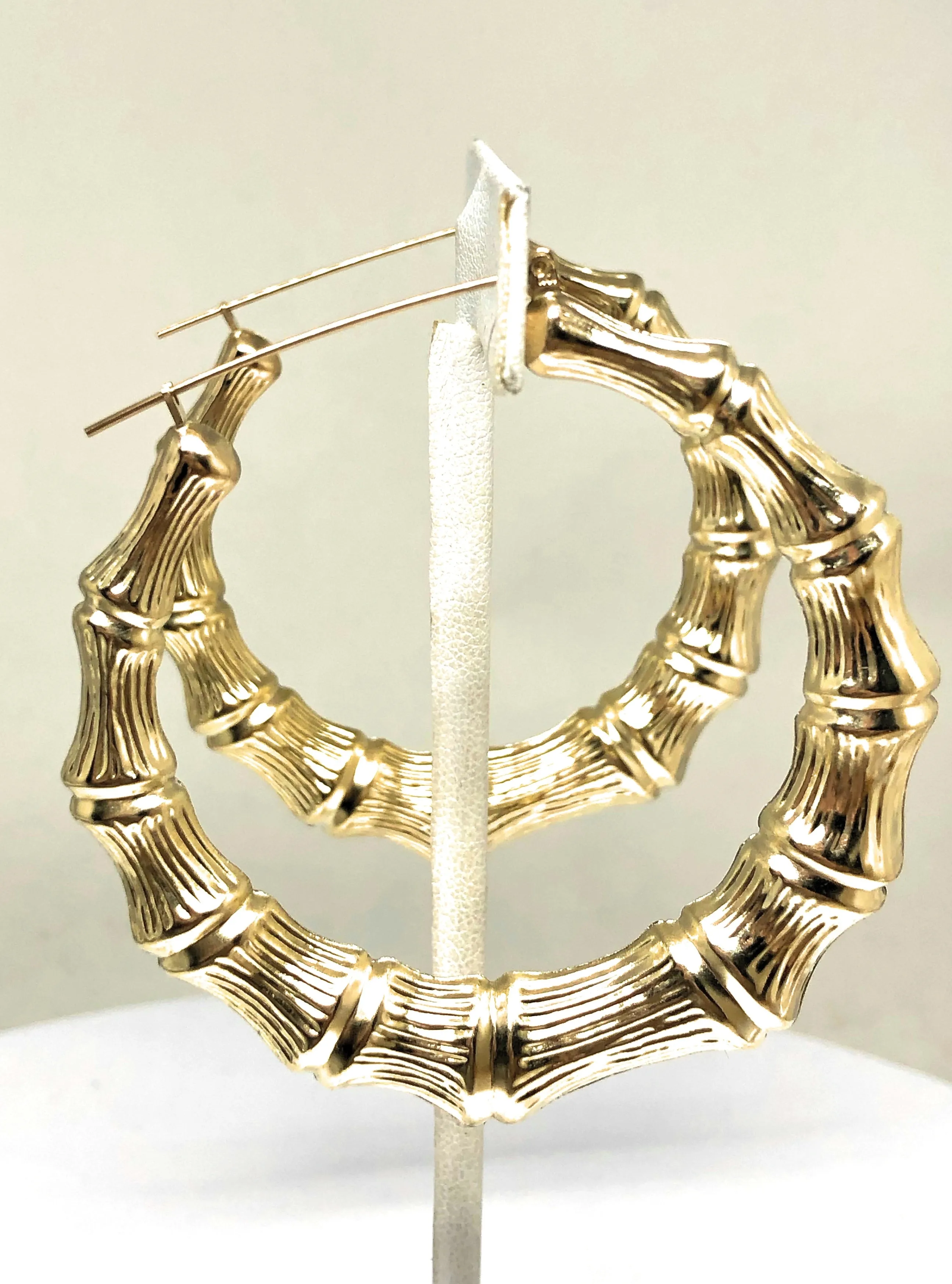 10k Solid Gold Yellow Bamboo Hoop Earrings 2.5 INCH Arracadas