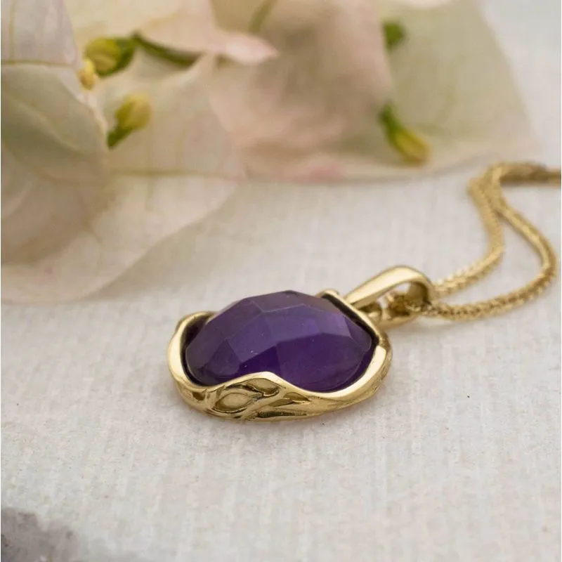 14K Yellow Gold Round Purple Amethyst 12mm Pendant