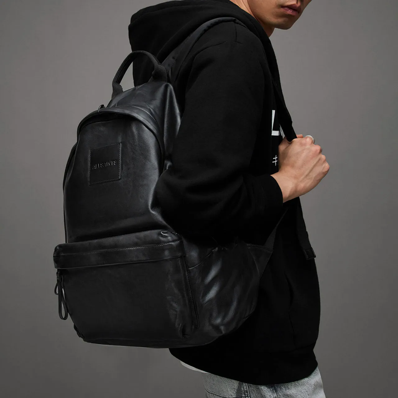 ALLSAINTS Carabiner Embossed Logo Leather Backpack - Black