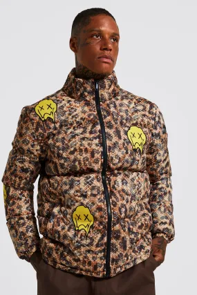 Animal Funnel Neck Puffer With Face Badges | boohooMAN UK