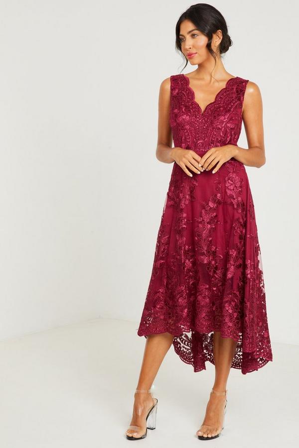 Berry Embroidered Dip Hem Dress