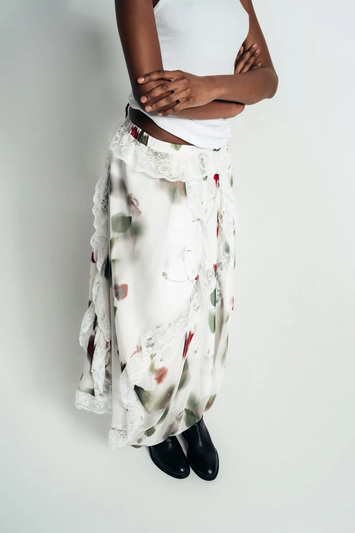 CAROLINE HU | ROSE PRINT CIRCLE LACE SILK SKIRT