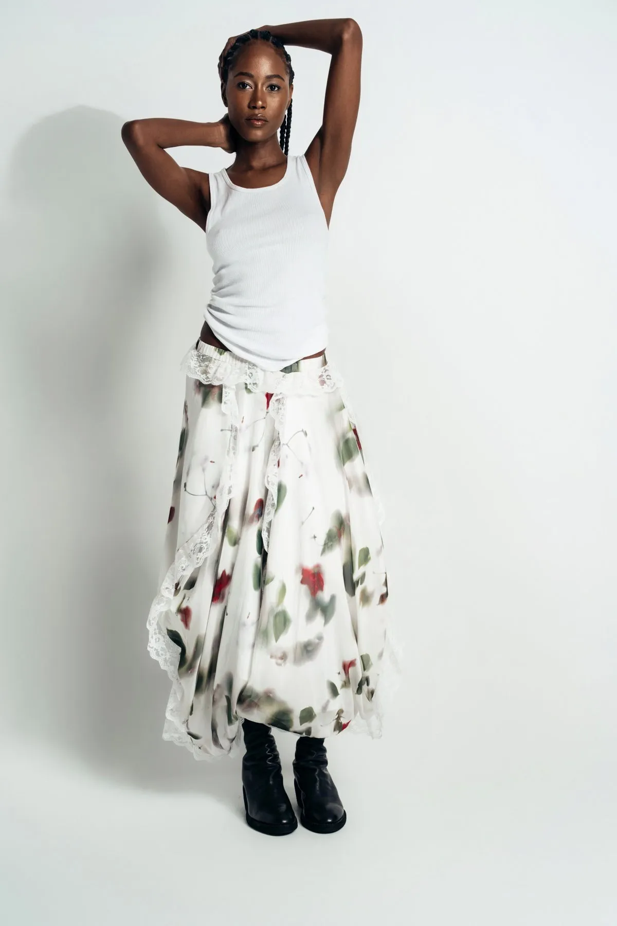 CAROLINE HU | ROSE PRINT CIRCLE LACE SILK SKIRT