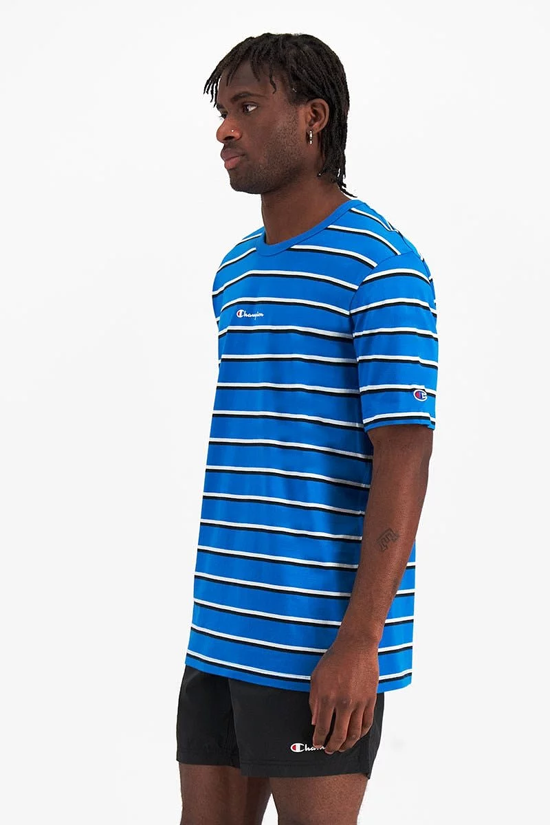 CHAMPION MENS SCRIPT STRIPE BLUE TEE