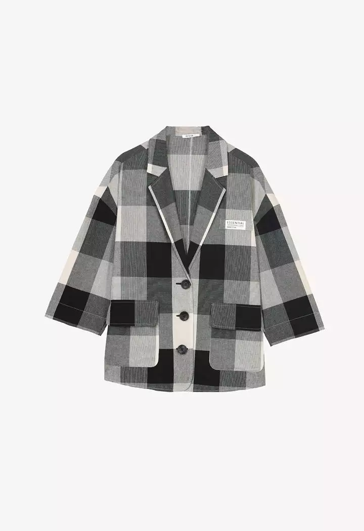 Checked Oversized Blazer Buttoned Cotton Shirt