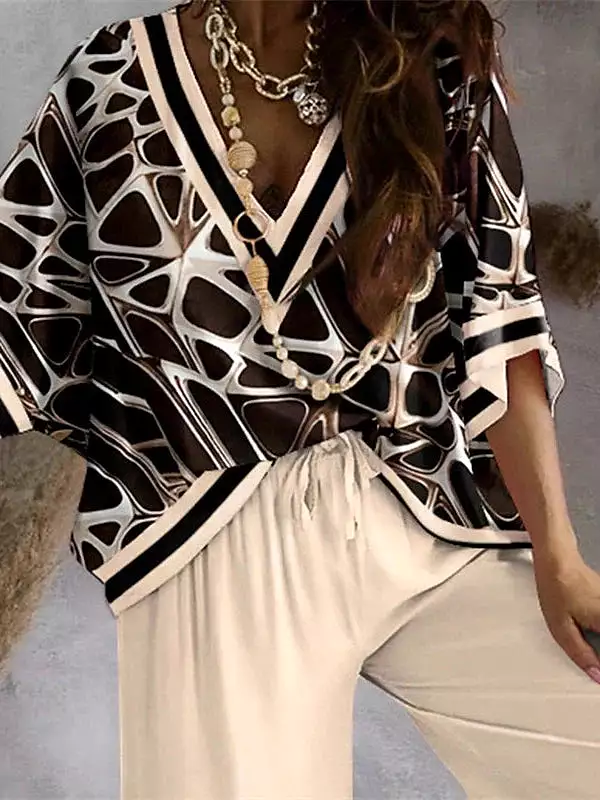 Chic Khaki and White Geometric Loungewear Set for Women with V-Wire Shirt & Comfortable Pants