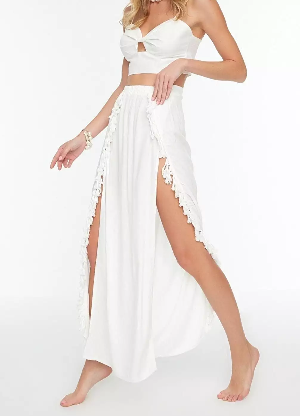 Cotton Double Slit White Skirt