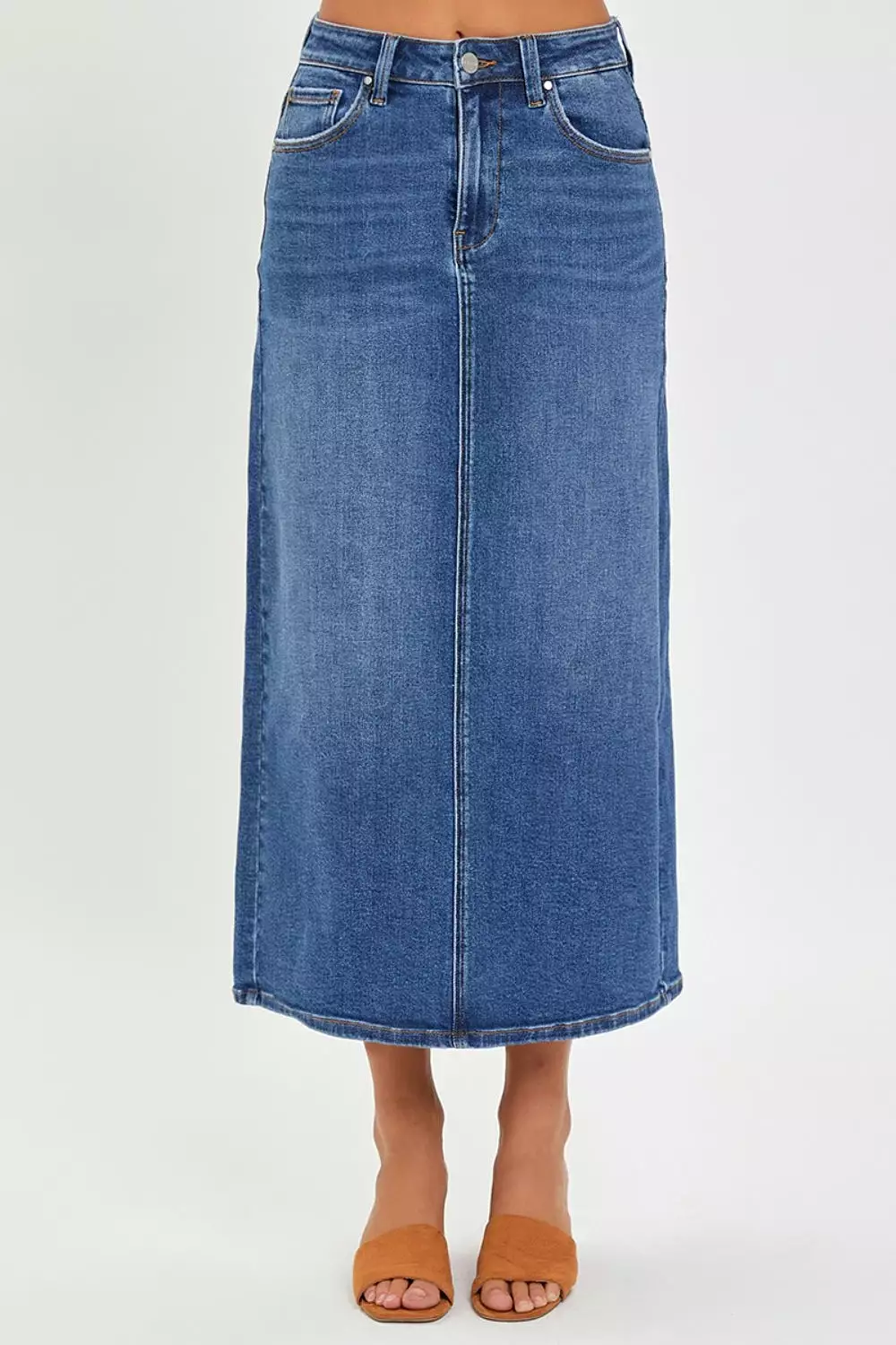 Dark Denim High Rise Back Slit Skirt