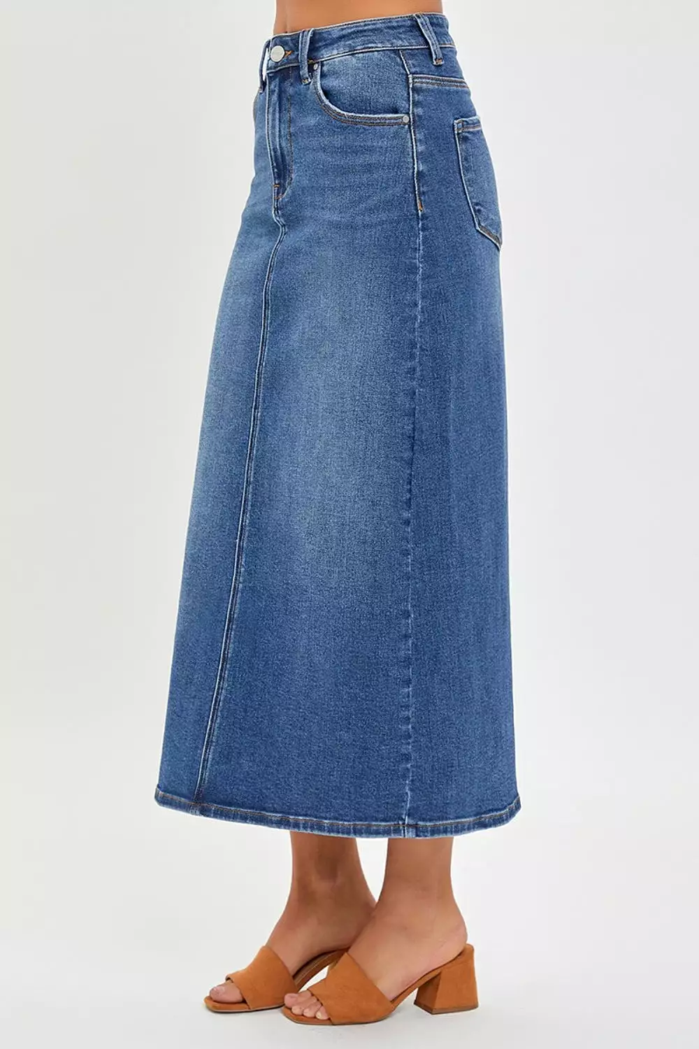 Dark Denim High Rise Back Slit Skirt