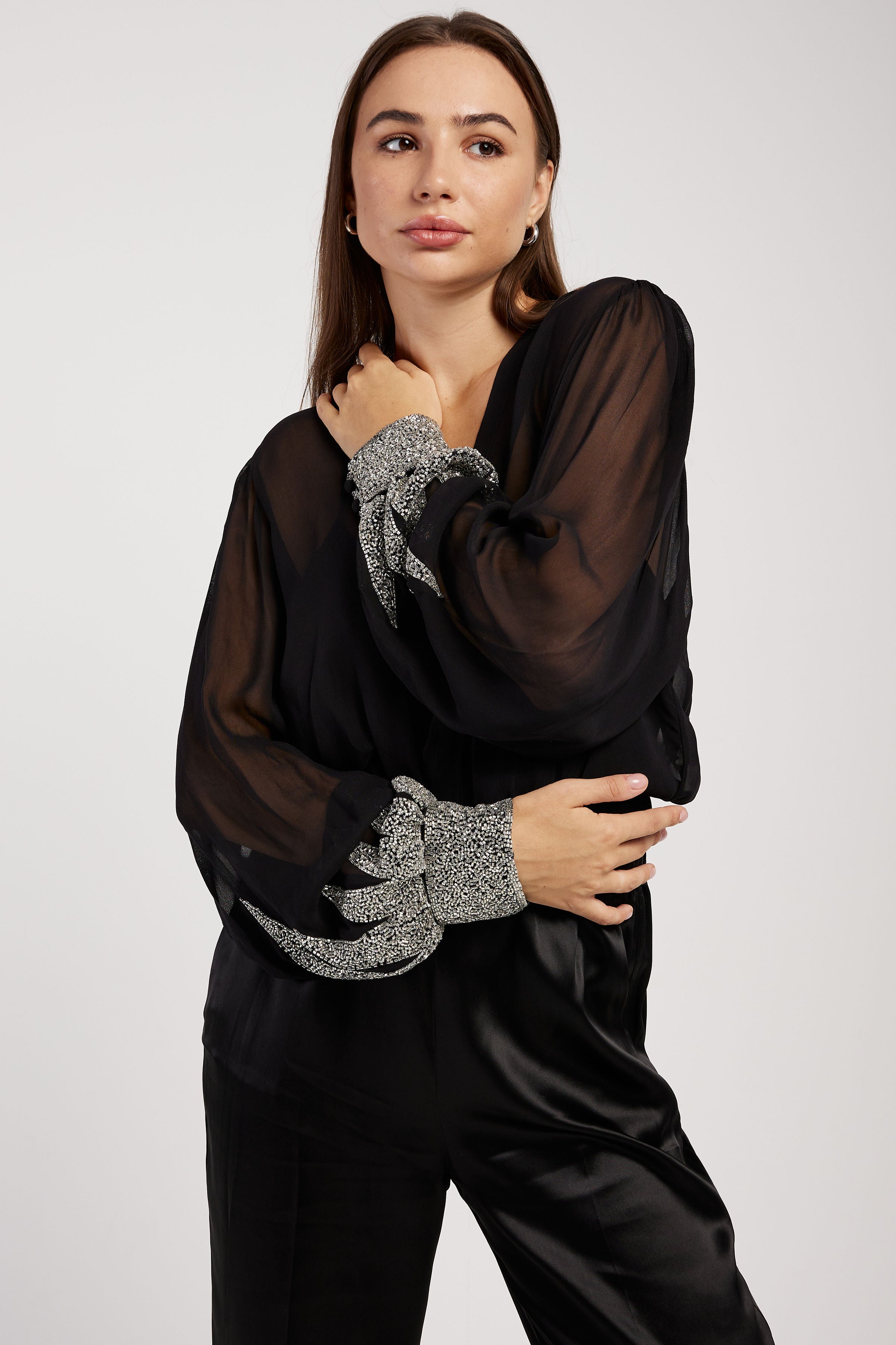 'Enchanted' Embroidery Chic Georgette Shirt in Noir