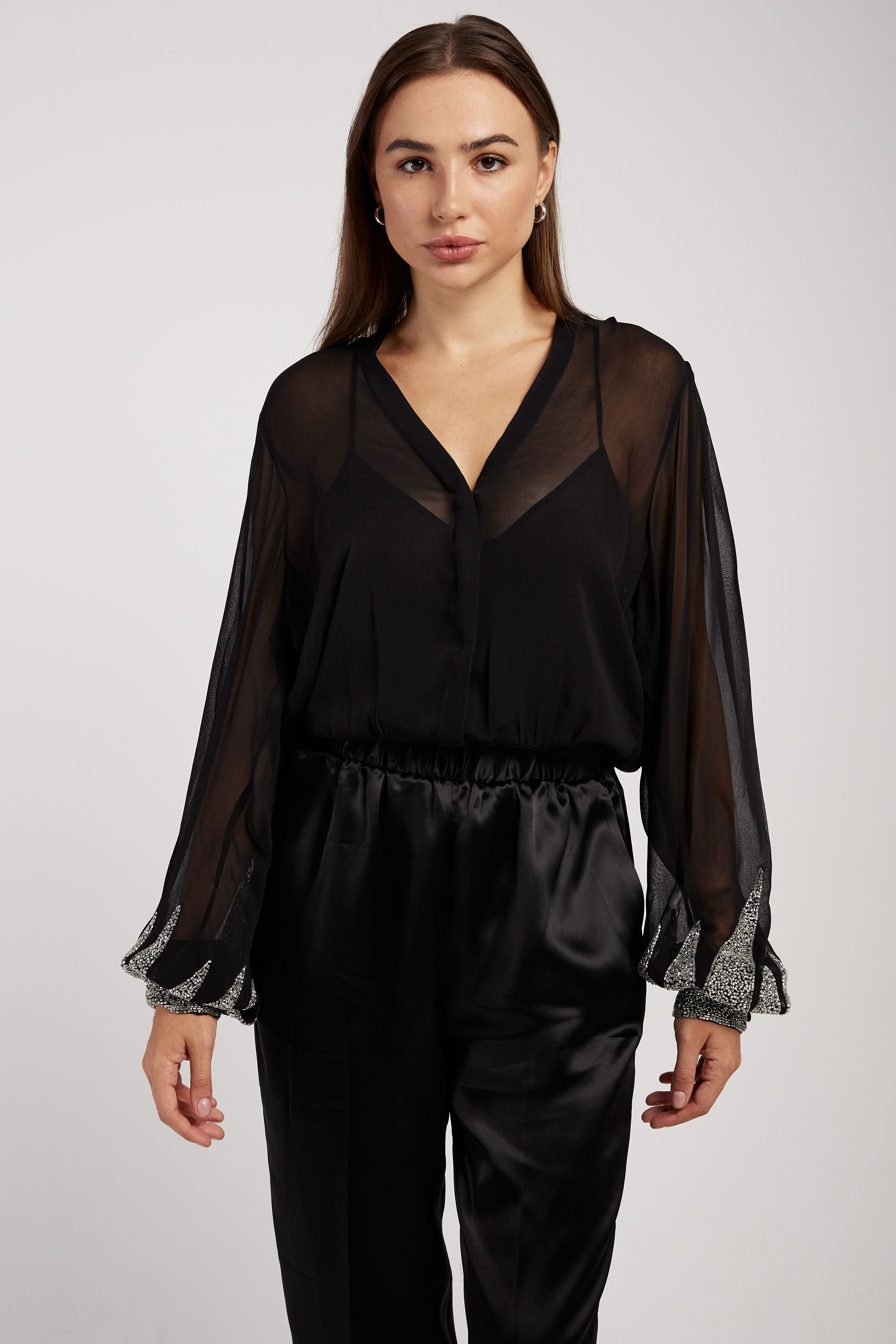 'Enchanted' Embroidery Chic Georgette Shirt in Noir