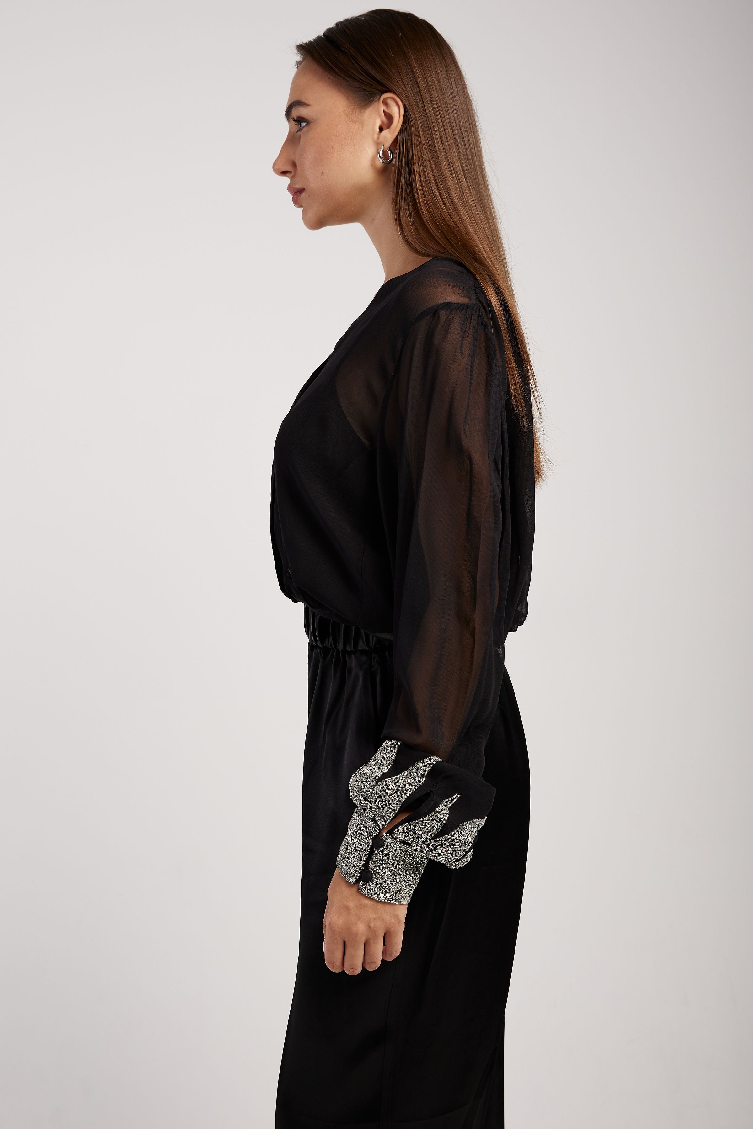 'Enchanted' Embroidery Chic Georgette Shirt in Noir