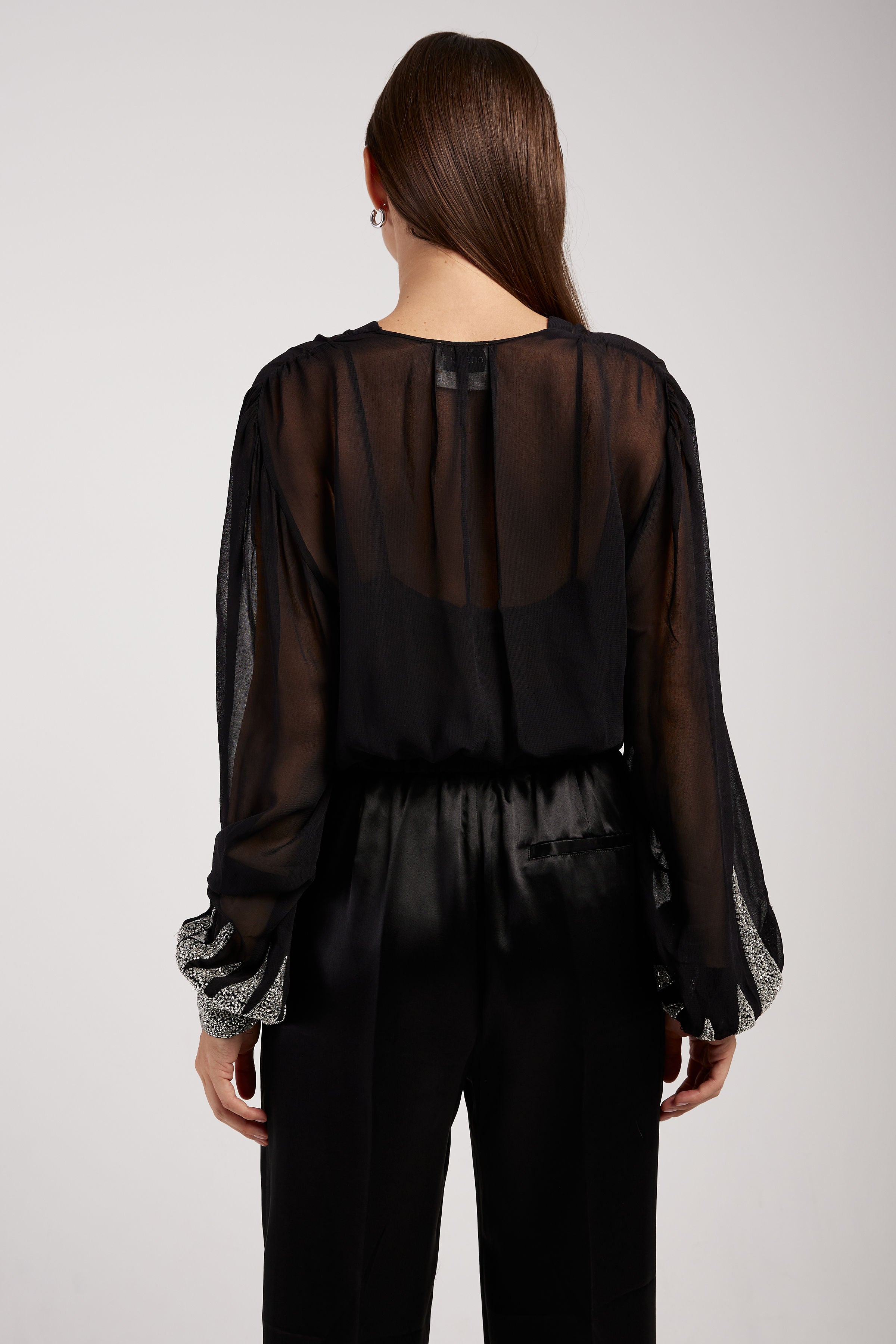 'Enchanted' Embroidery Chic Georgette Shirt in Noir