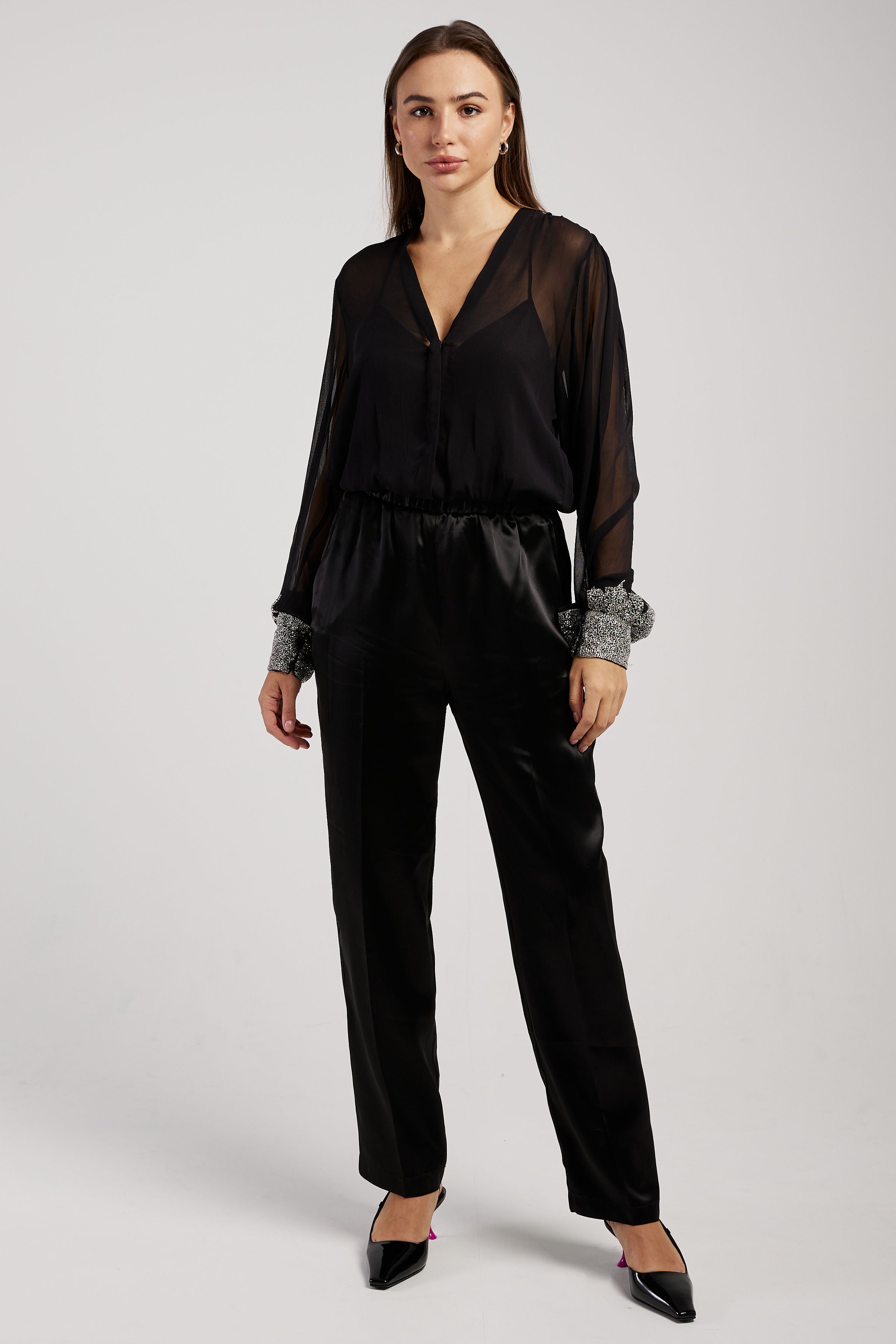 'Enchanted' Embroidery Chic Georgette Shirt in Noir