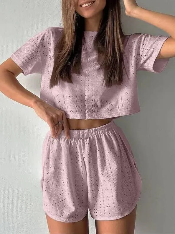 Eyelet basic short sleeve loose tee lounge shorts set