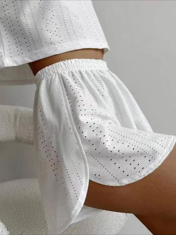 Eyelet basic short sleeve loose tee lounge shorts set