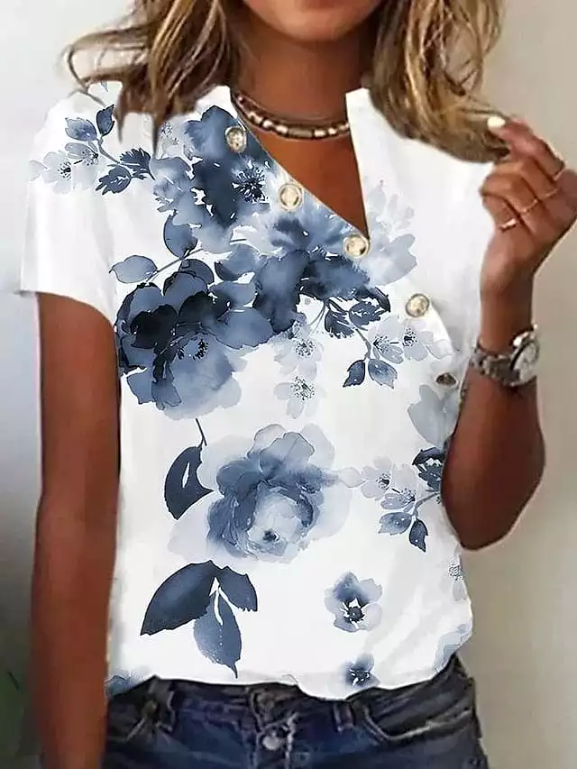 Floral Print V Neck Short Sleeve Women's T-shirt