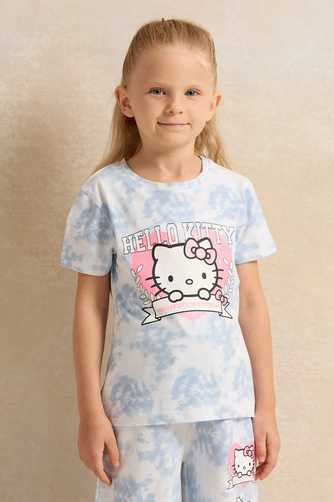 Girls White And Blue Printed T-Shirt