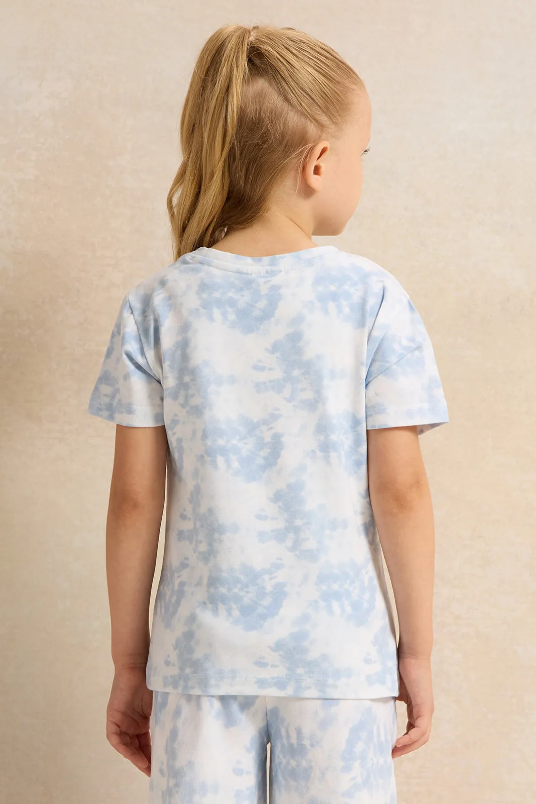 Girls White And Blue Printed T-Shirt