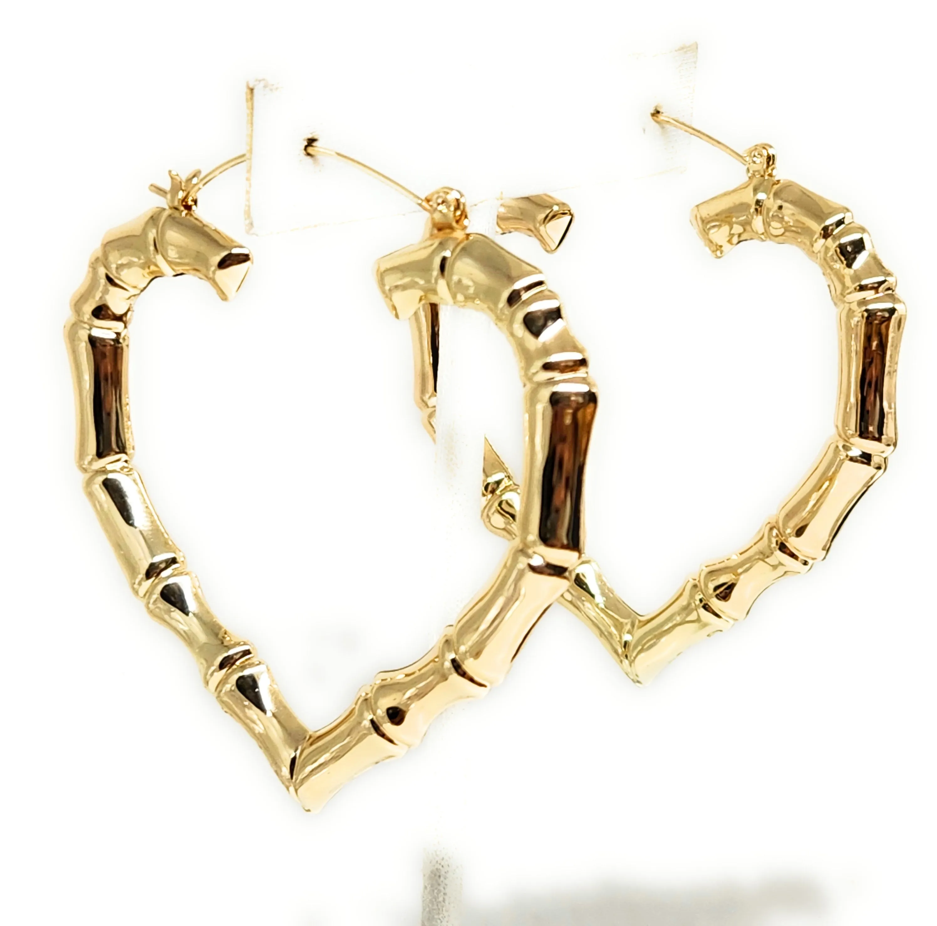 Gold Plated Bamboo Heart Hoop Earrings Aretes Arracadas (2.5 INCH)