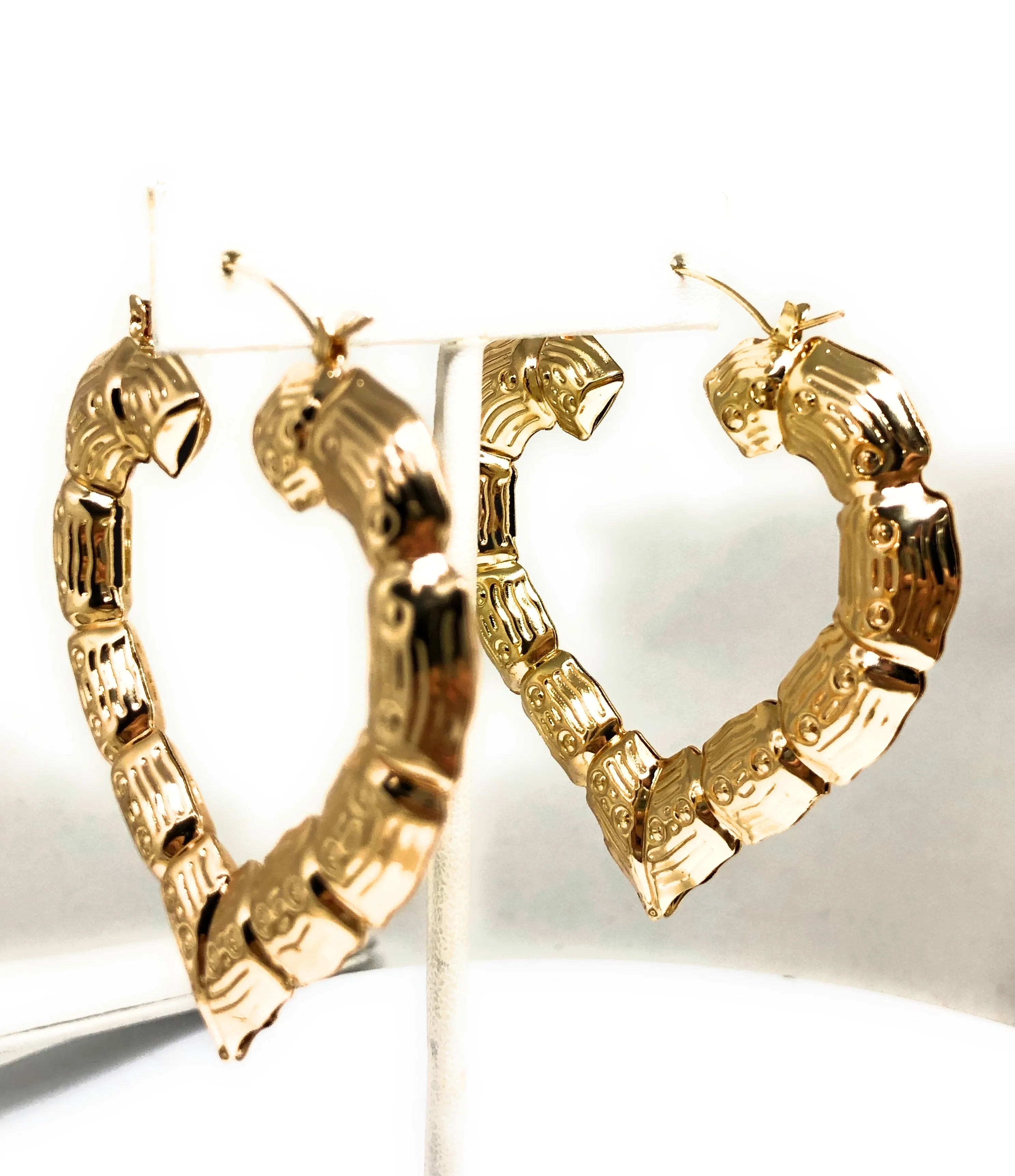 Gold Plated Classic Bamboo Heart Holow Open Hoop Earrings Aretes Arracadas (2.5 INCH)