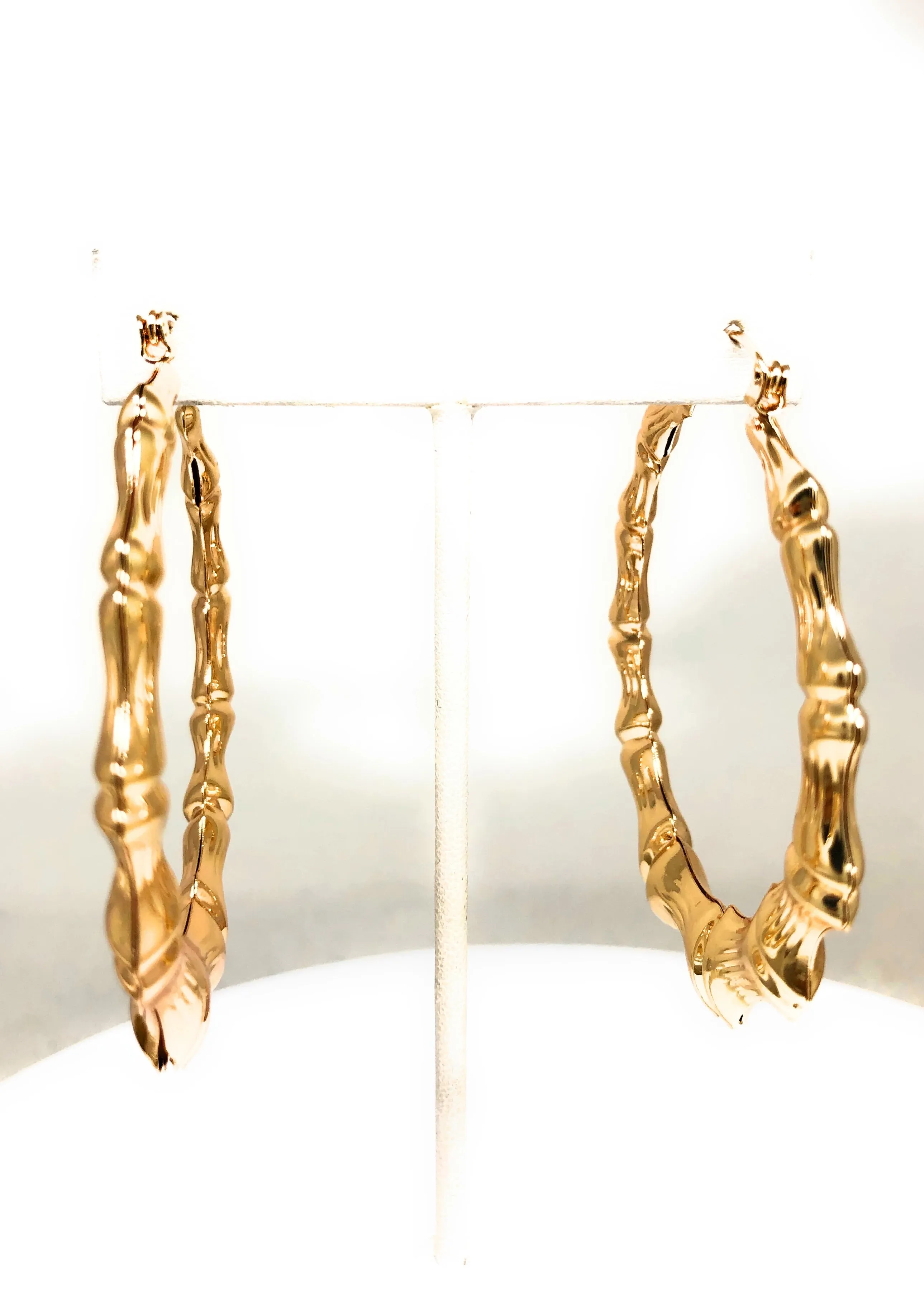 Gold Plated Classic Bamboo Hollow Hoop Earrings Aretes Arracadas (2.5 INCH)