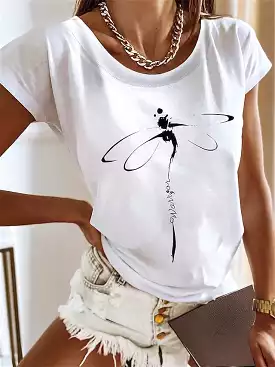 Graphic Print Women's Cotton T-Shirt with Short Sleeves and Round Neck