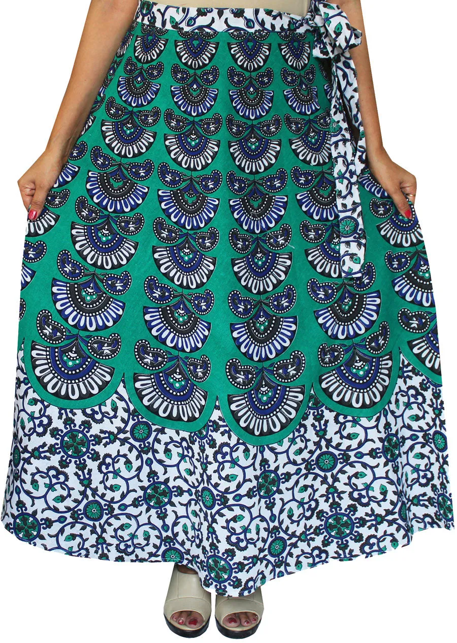 India Skirt Women's Long Cotton Wrap Around (Green, One Size)