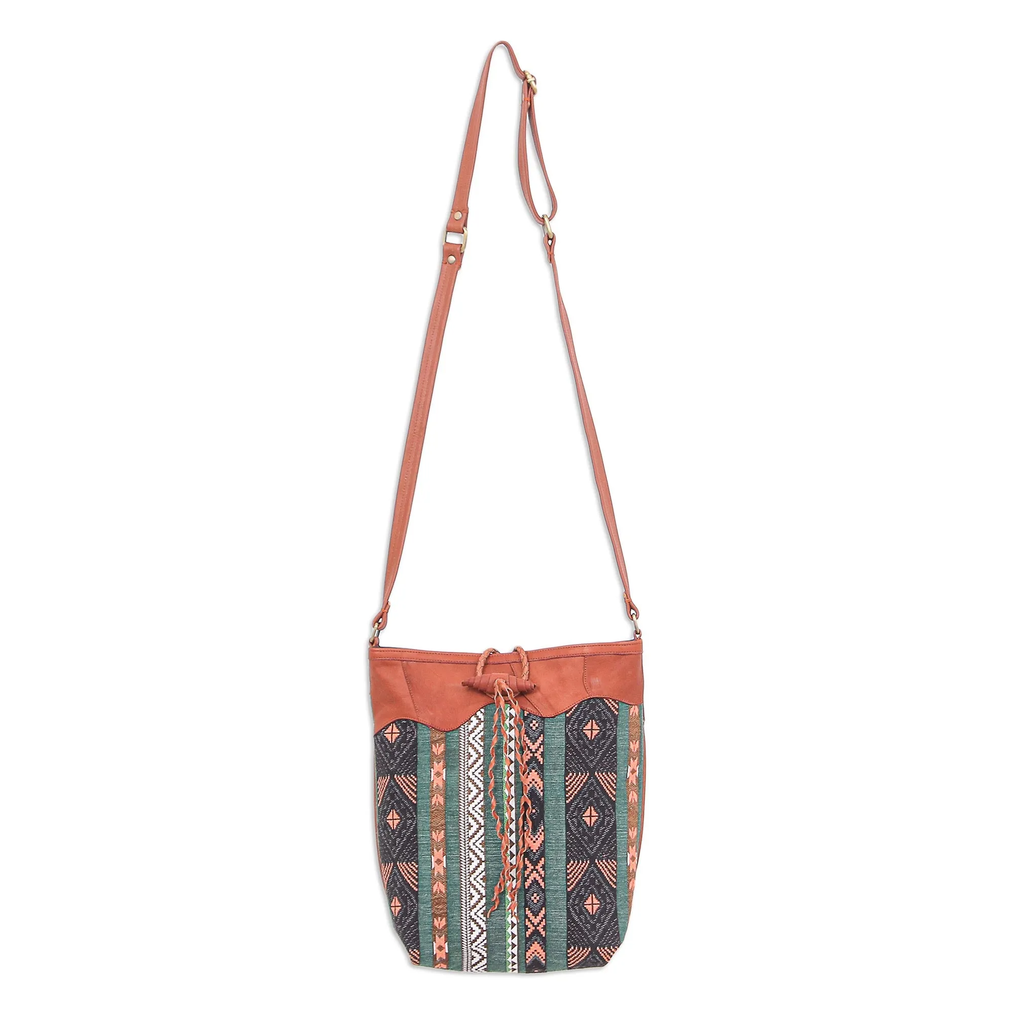 Joyful Journey in Green Thai Cotton Blend Sling Bag with Leather Strap