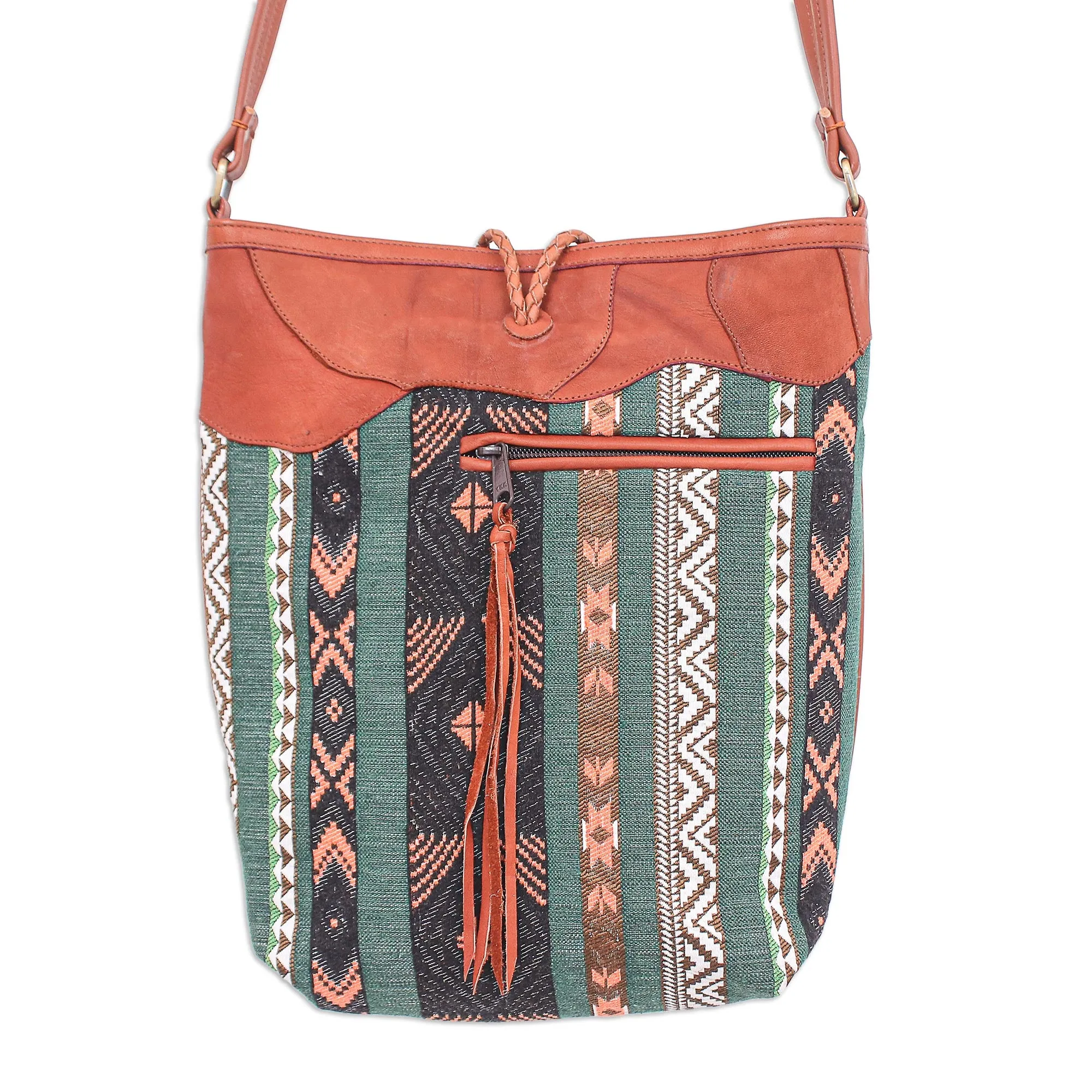 Joyful Journey in Green Thai Cotton Blend Sling Bag with Leather Strap