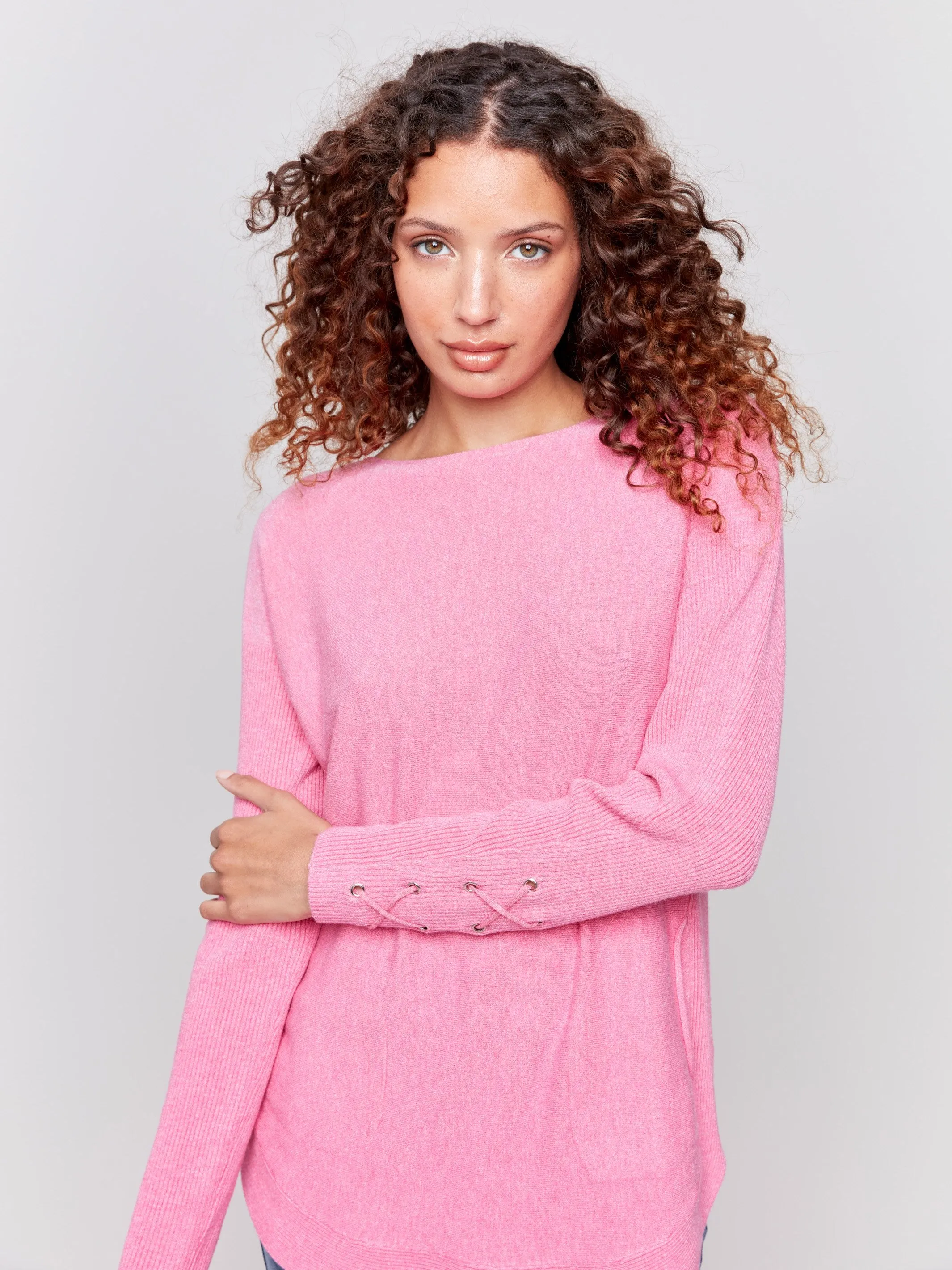 Knit Sweater with Lace-Up Cuffs - Magenta