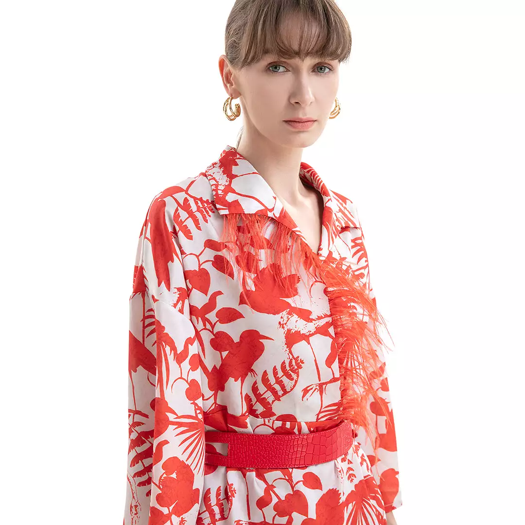 Leaf Printed Shirt With Feather Fringes