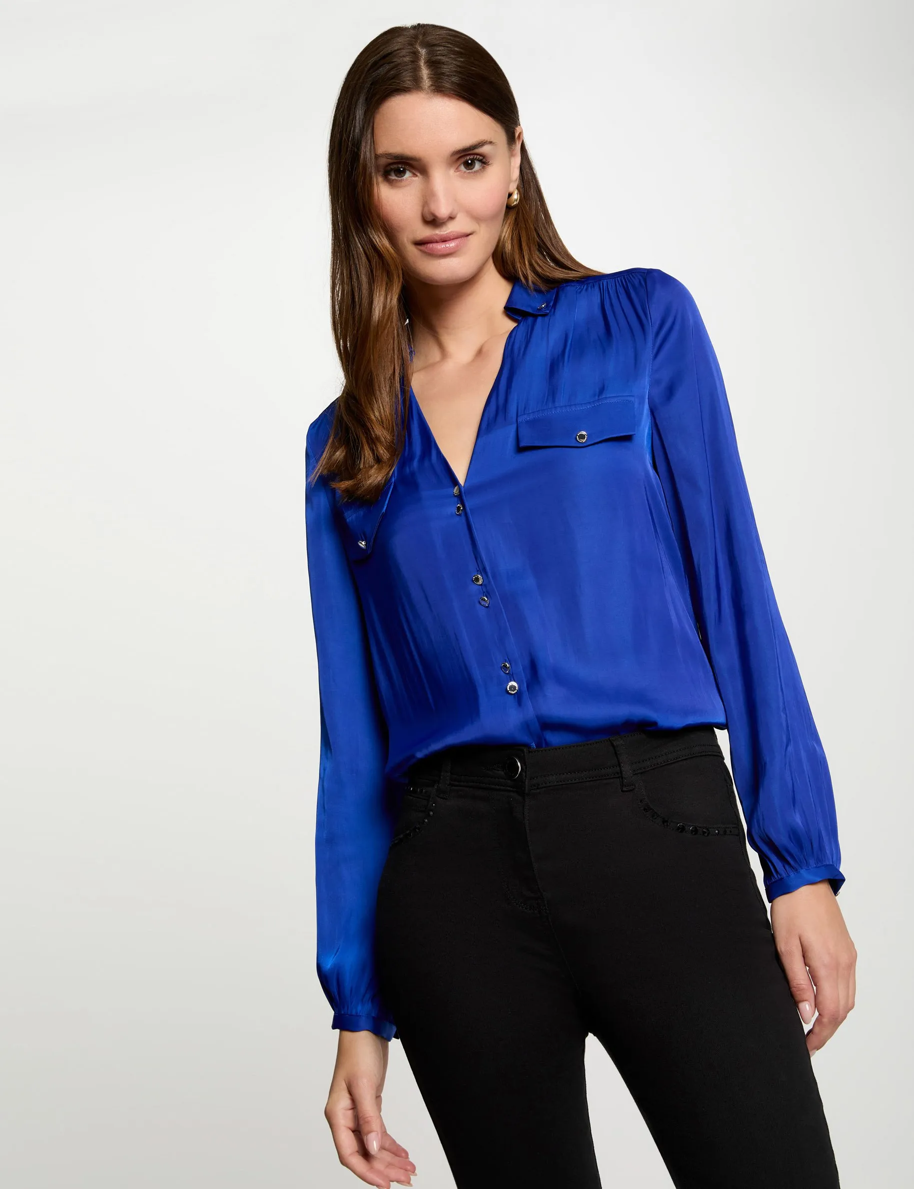 Long-sleeved satin shirt blue women