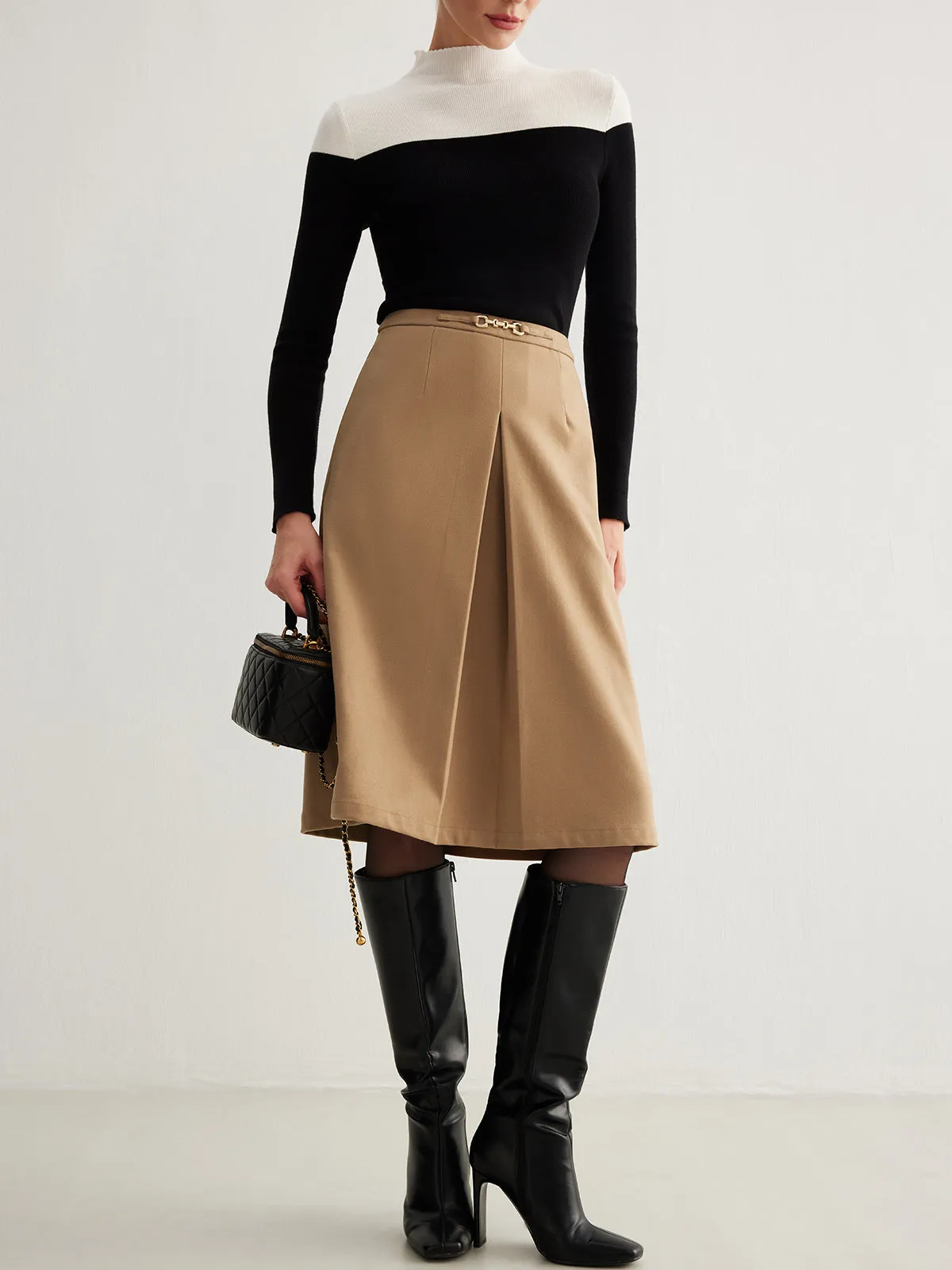 Magnet Closure Pockets Pleated Skirt