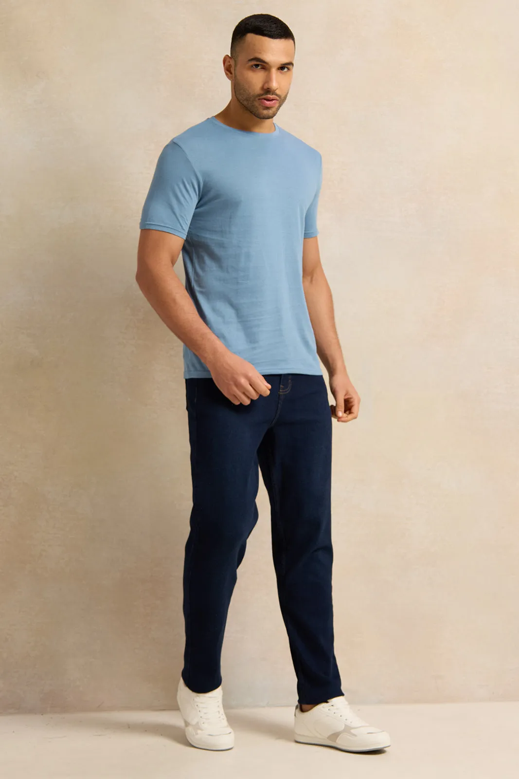 Men Blue Basic Crew Neck T-Shirt