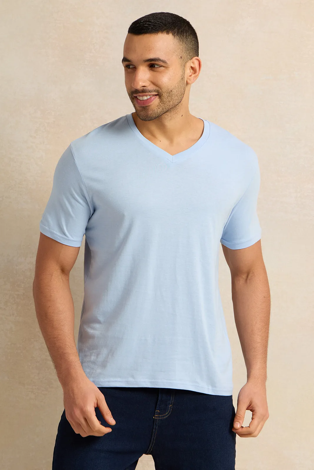 Men Blue Basic V-Neck T-Shirt